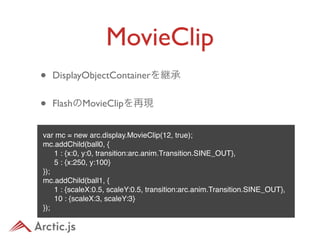 MovieClip
•   DisplayObjectContainerを継承


•   FlashのMovieClipを再現


var mc = new arc.display.MovieClip(12, true);
mc.addChild(ball0, {
" 1 : {x:0, y:0, transition:arc.anim.Transition.SINE_OUT},
" 5 : {x:250, y:100}
});
mc.addChild(ball1, {
" 1 : {scaleX:0.5, scaleY:0.5, transition:arc.anim.Transition.SINE_OUT},
" 10 : {scaleX:3, scaleY:3}
});
 