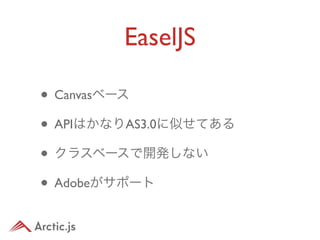 EaselJS

• Canvasベース
• APIはかなりAS3.0に似せてある
• クラスベースで開発しない
• Adobeがサポート
 
