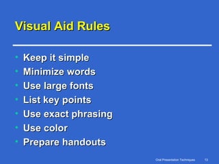 Visual Aid Rules Keep it simple Minimize words Use large fonts List key points Use exact phrasing Use color Prepare handouts 