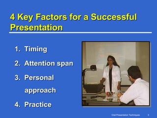 4 Key Factors for a Successful Presentation 1.  Timing 2.  Attention span 3.  Personal approach 4.  Practice 