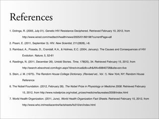 References
1. Dotinga, R. (2005, July 01). Genetic HIV Resistance Deciphered. Retrieved February 10, 2012, from

           http://www.wired.com/medtech/health/news/2005/01/66198?currentPage=all

2. Pisani, E. (2011, September 3). HIV. New Scientist, 211(2828), i-8.

3. Rambaut, A., Posada, D., Crandall, K.A., & Holmes, E.C. (2004, January). The Causes and Consequences of HIV

           Evolution. Nature, 5, 52-61

4. Rawlings, N. (2011, December 26). Untold Stories. Time, 178(25), 34. Retrieved February 15, 2012, from

           http://search.ebscohost.com/login.aspx?direct=true&db=ulh&AN=69840728&site=src-live

5. Stein, J. M. (1975). The Random House College Dictionary. (Revised ed., Vol. 1). New York, NY: Random House

           Reference

6. The Nobel Foundation. (2012, February 28). The Nobel Prize in Physiology or Medicine 2008. Retrieved February

           15, 2012, from http://www.nobelprize.org/nobel_prizes/medicine/laureates/2008/index.html

7. World Health Organization. (2011, June). World Health Organization Fact Sheets. Retrieved February 15, 2012, from

           http://www.who.int/mediacentre/factsheets/fs310/en/index.html
 