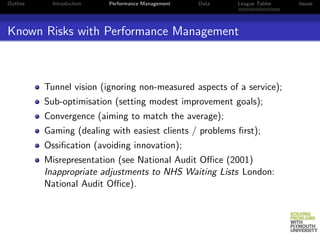 Outline     Introduction   Performance Management   Data   League Tables   Issues




Known Risks with Performance Management



          Tunnel vision (ignoring non-measured aspects of a service);
          Sub-optimisation (setting modest improvement goals);
          Convergence (aiming to match the average);
          Gaming (dealing with easiest clients / problems ﬁrst);
          Ossiﬁcation (avoiding innovation);
          Misrepresentation (see National Audit Oﬃce (2001)
          Inappropriate adjustments to NHS Waiting Lists London:
          National Audit Oﬃce).
 