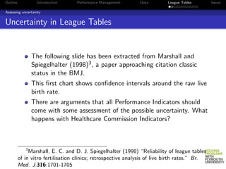 Outline            Introduction     Performance Management     Data         League Tables       Issues

Assessing uncertainty


Uncertainty in League Tables


                 The following slide has been extracted from Marshall and
                 Spiegelhalter (1998)3 , a paper approaching citation classic
                 status in the BMJ.
                 This ﬁrst chart shows conﬁdence intervals around the raw live
                 birth rate.
                 There are arguments that all Performance Indicators should
                 come with some assessment of the possible uncertainty. What
                 happens with Healthcare Commission Indicators?



             3
               Marshall, E. C. and D. J. Spiegelhalter (1998) “Reliability of league tables
          of in vitro fertilisation clinics; retrospective analysis of live birth rates.” Br.
          Med. J.316:1701-1705
 