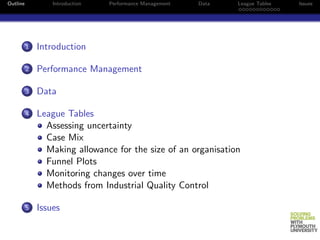 Outline           Introduction   Performance Management   Data   League Tables   Issues




          1   Introduction

          2   Performance Management

          3   Data

          4   League Tables
                Assessing uncertainty
                Case Mix
                Making allowance for the size of an organisation
                Funnel Plots
                Monitoring changes over time
                Methods from Industrial Quality Control

          5   Issues
 