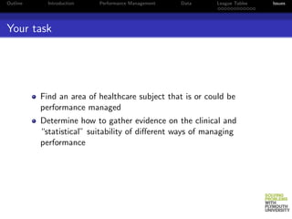 Outline     Introduction   Performance Management   Data   League Tables   Issues




Your task




          Find an area of healthcare subject that is or could be
          performance managed
          Determine how to gather evidence on the clinical and
          “statistical” suitability of diﬀerent ways of managing
          performance
 
