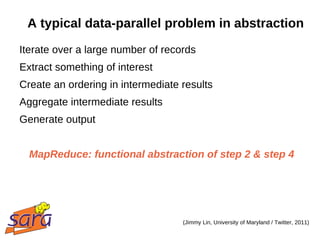 A typical data-parallel problem in abstraction
Iterate over a large number of records
Extract something of interest
Create an ordering in intermediate results
Aggregate intermediate results
Generate output


  MapReduce: functional abstraction of step 2 & step 4




                                   (Jimmy Lin, University of Maryland / Twitter, 2011)
 