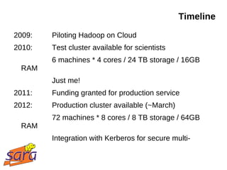 Timeline
2009:      Piloting Hadoop on Cloud
2010:      Test cluster available for scientists
           6 machines * 4 cores / 24 TB storage / 16GB
 RAM
           Just me!
2011:      Funding granted for production service
2012:      Production cluster available (~March)
           72 machines * 8 cores / 8 TB storage / 64GB
 RAM
           Integration with Kerberos for secure multi-
 tenancy
 