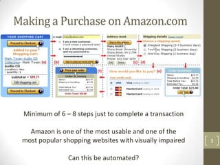 Making a Purchase on Amazon.com




 Minimum of 6 – 8 steps just to complete a transaction

   Amazon is one of the most usable and one of the
 most popular shopping websites with visually impaired   3


               Can this be automated?
 