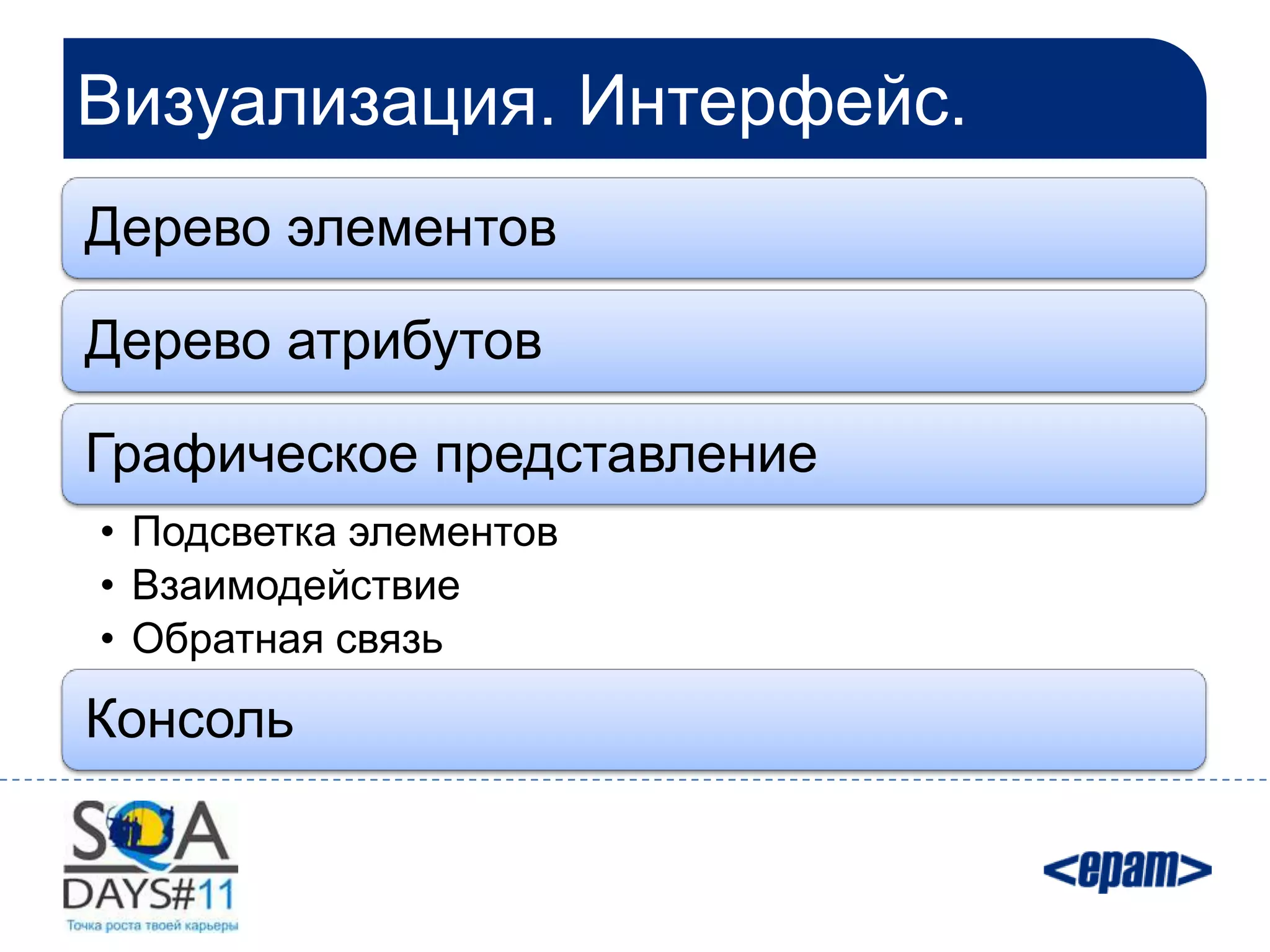 Визуализация. Интерфейс.
Дерево элементов

Дерево атрибутов

Графическое представление
• Подсветка элементов
• Взаимодействие
• Обратная связь
Консоль
 