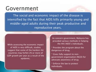 The social and economic impact of the disease is
intensified by the fact that AIDS kills primarily young and
  middle-aged adults during their peak productive and
                    reproductive years.


                                         As concern government, Malaysia has
                                         provided various methods in helping
While assessing the economic impact           the HIV/AIDS’s individuals.
   of AIDS is very difficult, studies    * Provides the program about the
suggest that some of the hardest-hit     dangerous of drug.
 countries may forfeit 2% or more of
                                         * Gives fully support to non-
GDP growth per year as a result of the
                                         government organization (NGO) for
              epidemic.
                                         advocate awareness of drug
                                         * Enforce the law to protect
                                         individuals.
 
