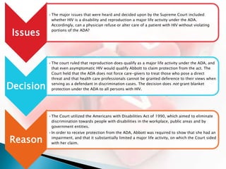• The major issues that were heard and decided upon by the Supreme Court included:
             whether HIV is a disability and reproduction a major life activity under the ADA.
             Accordingly, can a physician refuse or alter care of a patient with HIV without violating

 Issues      portions of the ADA?




           • The court ruled that reproduction does qualify as a major life activity under the ADA, and
             that even asymptomatic HIV would qualify Abbott to claim protection from the act. The
             Court held that the ADA does not force care-givers to treat those who pose a direct
             threat and that health care professionals cannot be granted deference to their views when

Decision     serving as a defendant in discrimination cases. The decision does not grant blanket
             protection under the ADA to all persons with HIV.




           • The Court utilized the Americans with Disabilities Act of 1990, which aimed to eliminate
             discrimination towards people with disabilities in the workplace, public areas and by
             government entities.
           • In order to receive protection from the ADA, Abbott was required to show that she had an

Reason       impairment, and that it substantially limited a major life activity, on which the Court sided
             with her claim.
 