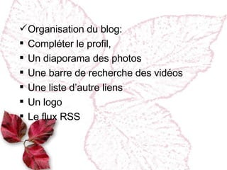Organisation du blog : Comp léter le profil, Un diaporama des photos Une barre de recherche des vidéos Une liste d’autre liens Un logo Le flux RSS 