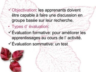 Objectivation :  les apprenants doivent être capable à faire une discussion en groupe basée sur leur recherche. Types d’ évaluation : Évaluation formative :  pour améliorer les apprentissages au cours de l’ activité. Évaluation sommative :  un test 