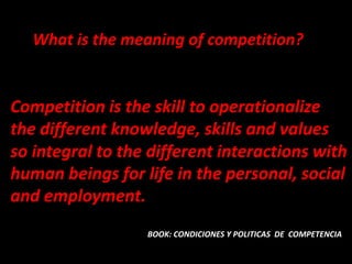What is the meaning of competition?


Competition is the skill to operationalize
the different knowledge, skills and values
​so integral to the different interactions with
 human beings for life in the personal, social
 and employment.
                   BOOK: CONDICIONES Y POLITICAS DE COMPETENCIA
 