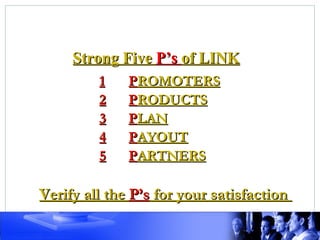 Strong Five P’s of LINK
         1    PROMOTERS
         2    PRODUCTS
         3    PLAN
         4    PAYOUT
         5    PARTNERS

Verify all the P’s for your satisfaction
 