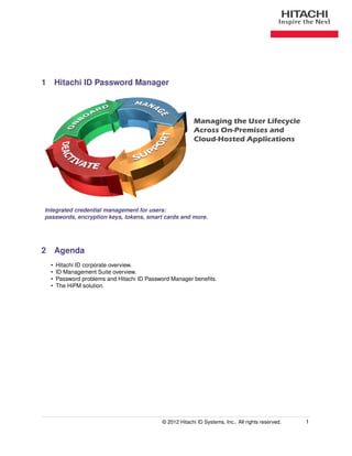 1 Hitachi ID Password Manager



                                                          Managing the User Lifecycle
                                                          Across On-Premises and
                                                          Cloud-Hosted Applications




Integrated credential management for users:
passwords, encryption keys, tokens, smart cards and more.




2 Agenda
  •   Hitachi ID corporate overview.
  •   ID Management Suite overview.
  •   Password problems and Hitachi ID Password Manager beneﬁts.
  •   The HiPM solution.




                                            © 2012 Hitachi ID Systems, Inc.. All rights reserved.   1
 