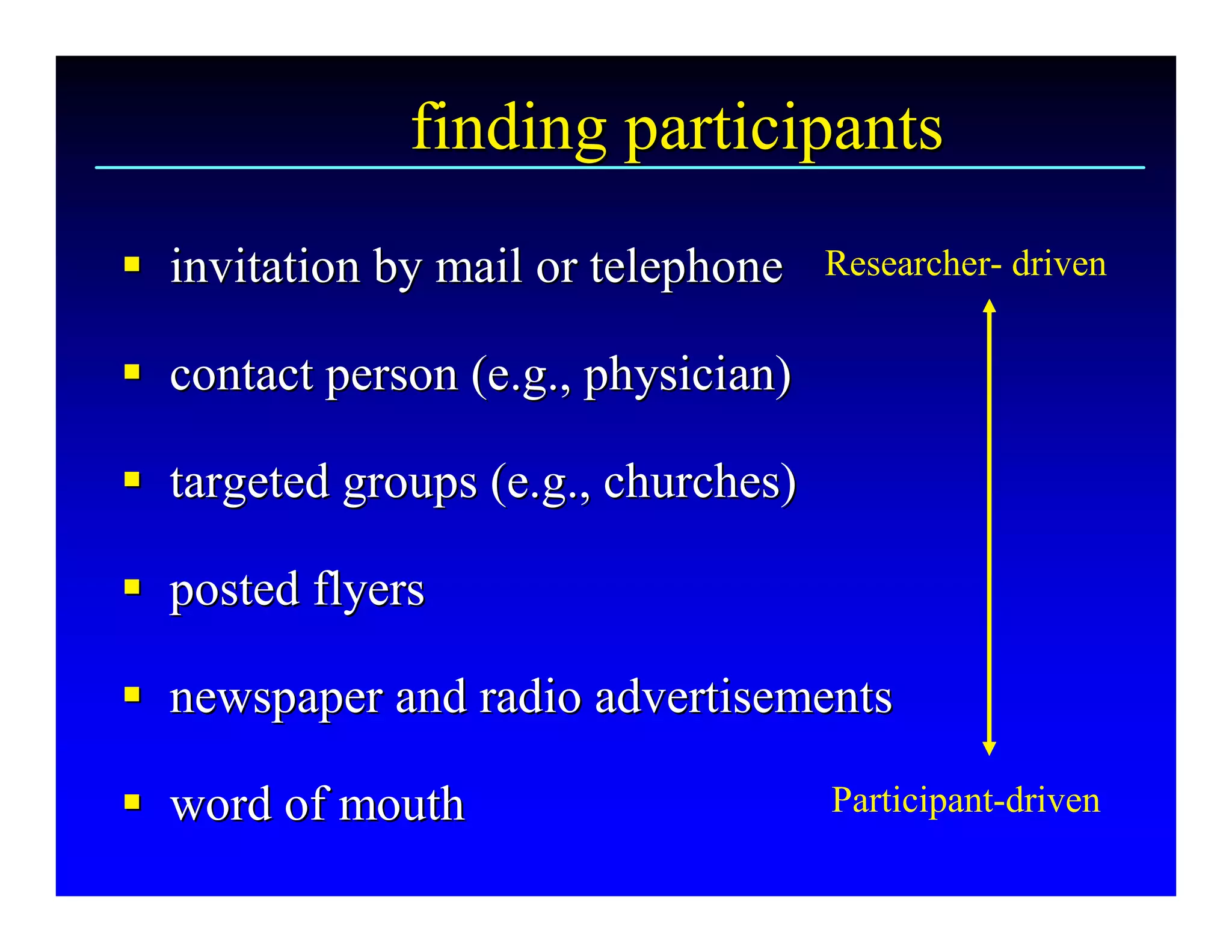 finding participants 
§  invitation by mail or telephone 
§                                      Researcher­ driven 


§  contact person (e.g., physician) 
§

§  targeted groups (e.g., churches) 
§

§  posted flyers 
§

§  newspaper and radio advertisements 
§

§  word of mouth 
§                                      Participant­driven
 