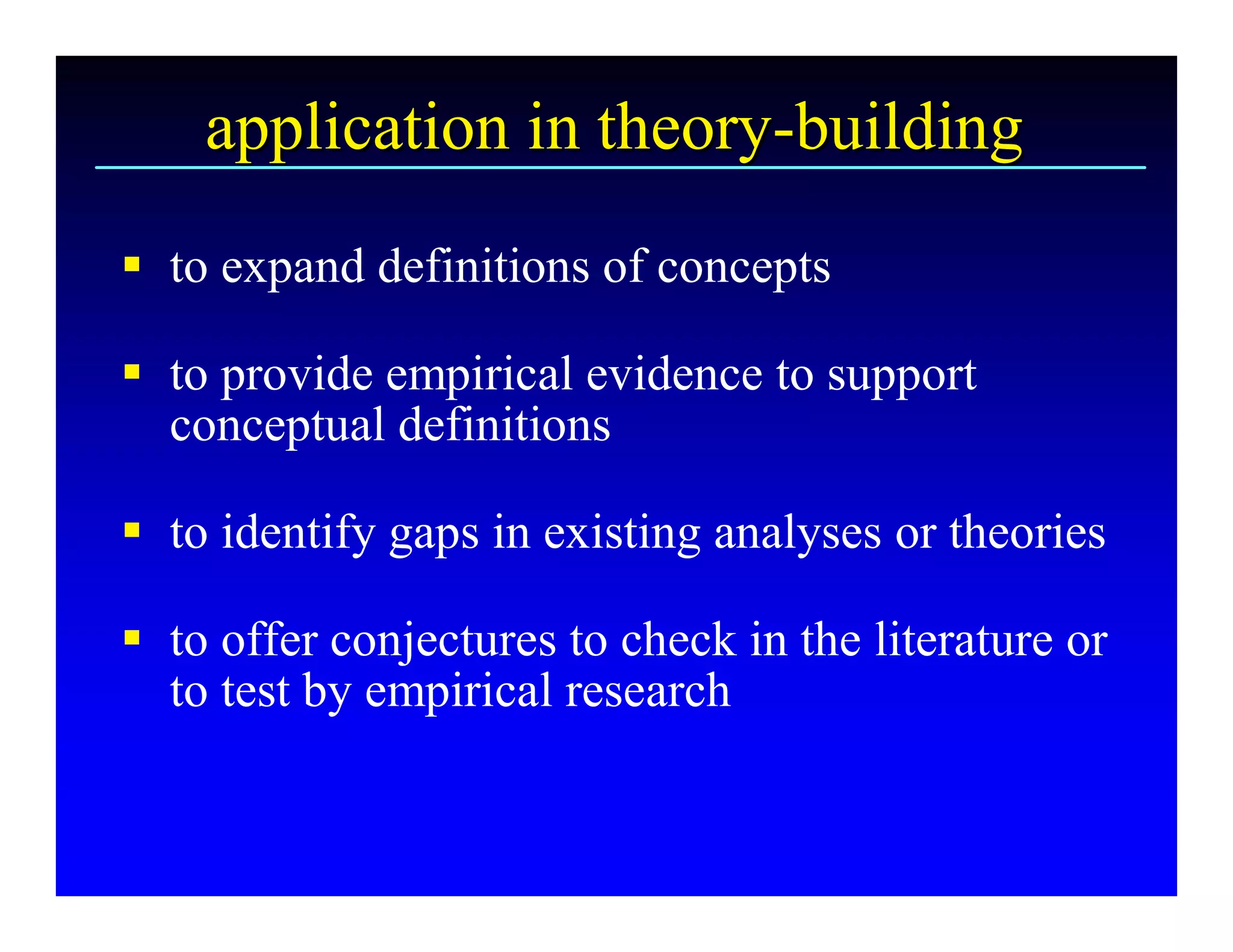 application in theory­building 
    application in theory 
                         ­ 
§  to expand definitions of concepts 

§  to provide empirical evidence to support 
   conceptual definitions 

§  to identify gaps in existing analyses or theories 

§  to offer conjectures to check in the literature or 
   to test by empirical research
 