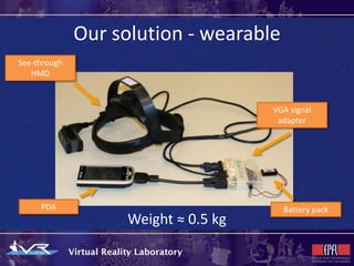 Our solution - wearable
See-through
   HMD



                                      VGA signal
                                       adapter




     PDA                                Battery pack
                    Weight ≈ 0.5 kg
 