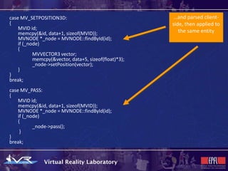case MV_SETPOSITION3D:                                 …and parsed client-
{                                                      side, then applied to
    MVID id;
    memcpy(&id, data+1, sizeof(MVID));                    the same entity
    MVNODE *_node = MVNODE::findById(id);
    if (_node)
    {
           MVVECTOR3 vector;
           memcpy(&vector, data+5, sizeof(float)*3);
           _node->setPosition(vector);
    }
}
break;
case MV_PASS:
{
    MVID id;
    memcpy(&id, data+1, sizeof(MVID));
    MVNODE *_node = MVNODE::findById(id);
    if (_node)
    {
           _node->pass();
     }
}
break;
 