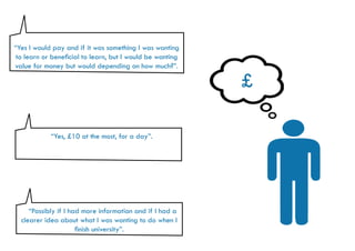 “Yes I would pay and if it was something I was wanting
 to learn or beneficial to learn, but I would be wanting
value for money but would depending on how much?”.

                                                           £

            “Yes, £10 at the most, for a day”.




     “Possibly if I had more information and if I had a
  clearer idea about what I was wanting to do when I
                      finish university”.
 