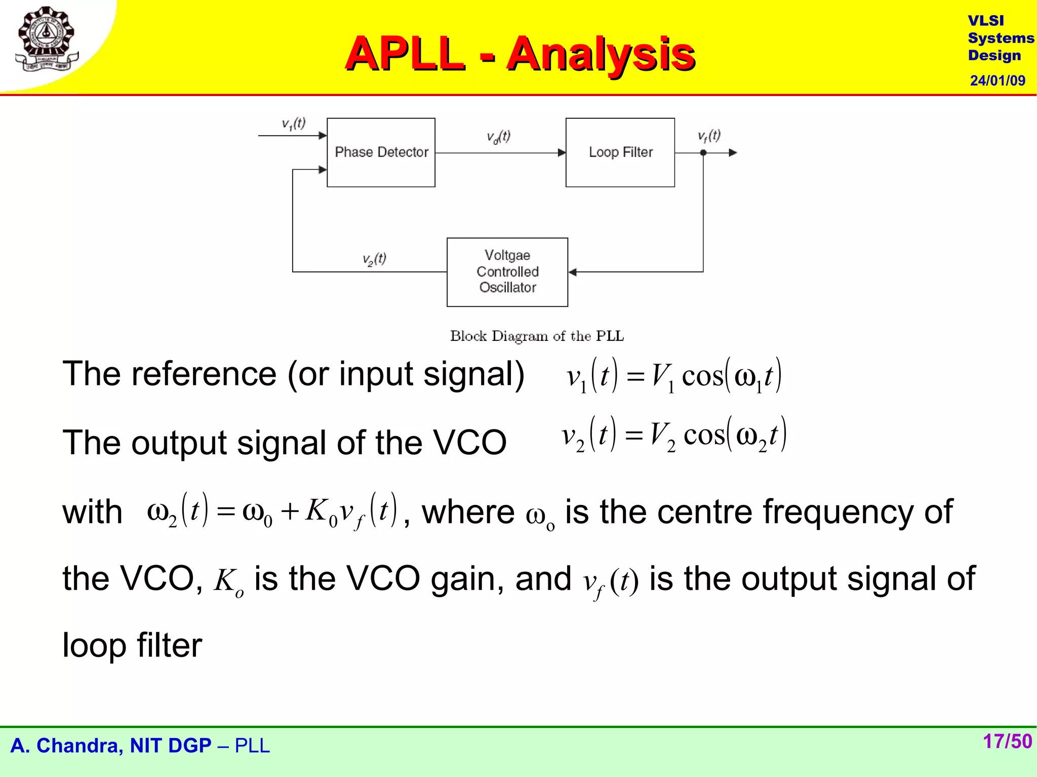 VLSI

                            APLL - Analysis
                                                                               Systems
                                                                               Design
                                                                               24/01/09




    The reference (or input signal)         v1 ( t ) = V1 cos( ω1t )

    The output signal of the VCO            v2 ( t ) = V2 cos( ω 2 t )

    with ω2 ( t ) = ω0 + K 0 v f ( t ) , where ωo is the centre frequency of
    the VCO, Ko is the VCO gain, and vf (t) is the output signal of
    loop filter

A. Chandra, NIT DGP – PLL                                                       17/50
 