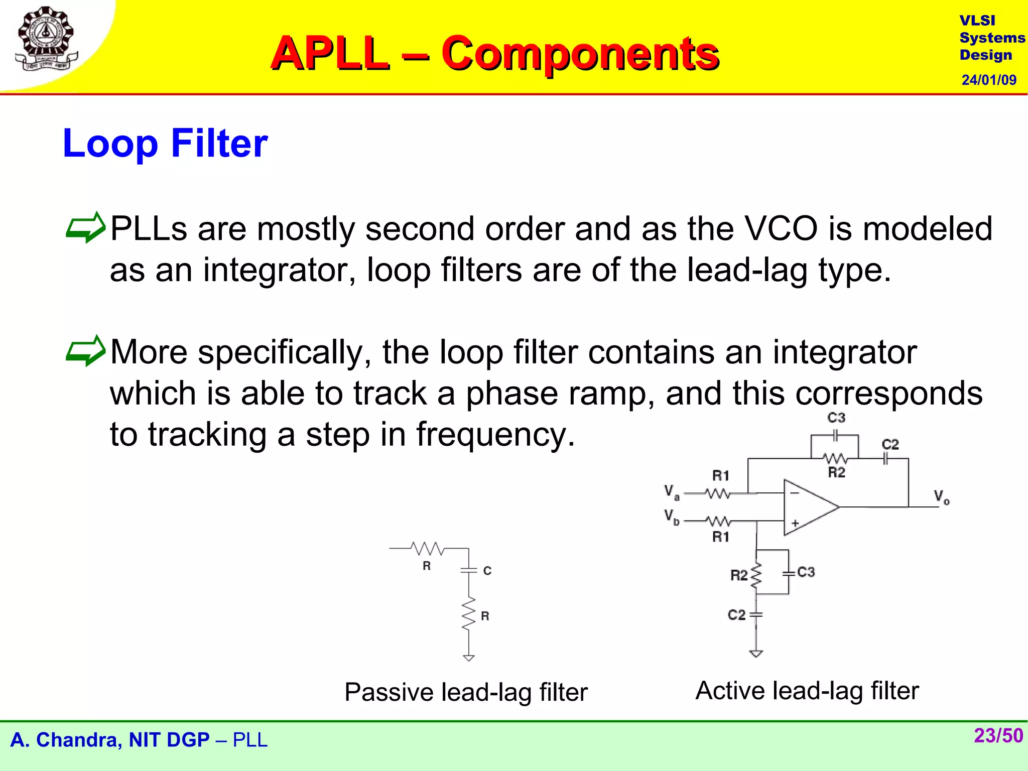 VLSI

                            APLL – Components
                                                                                 Systems
                                                                                 Design
                                                                                 24/01/09




    Loop Filter

    PLLs are mostly second order and as the VCO is modeled
         as an integrator, loop filters are of the lead-lag type.

    More specifically, the loop filter contains an integrator
         which is able to track a phase ramp, and this corresponds
         to tracking a step in frequency.




                              Passive lead-lag filter   Active lead-lag filter
A. Chandra, NIT DGP – PLL                                                         23/50
 