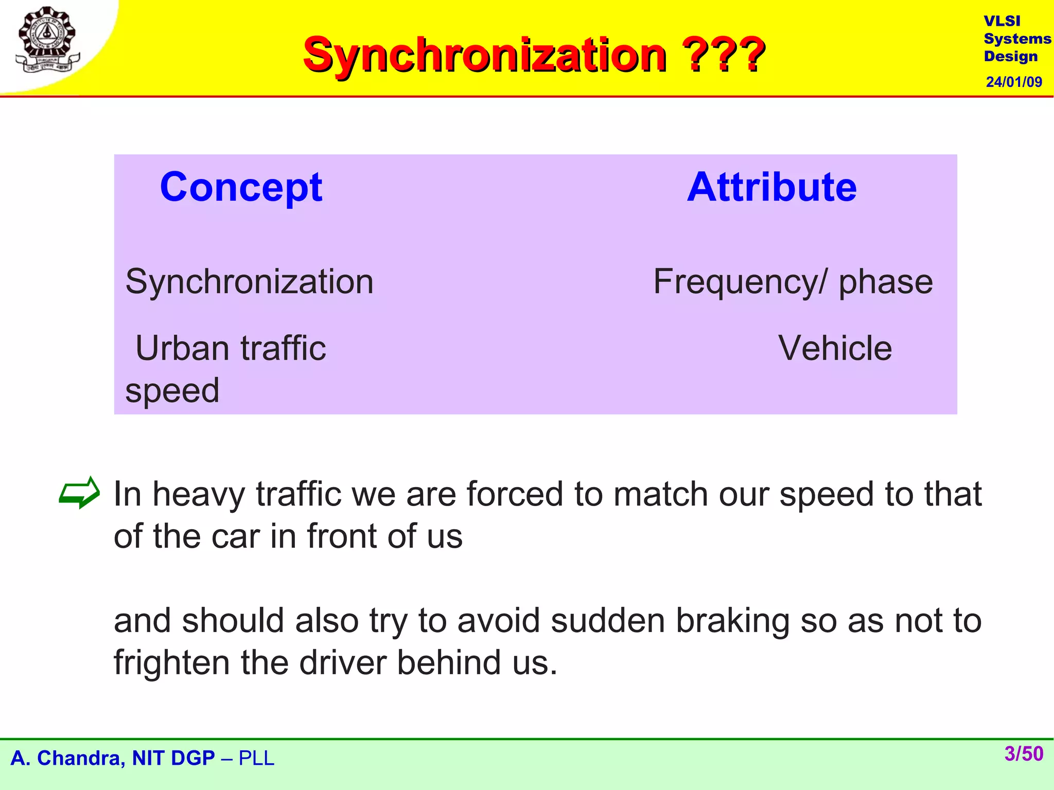 VLSI

                            Synchronization ???
                                                                    Systems
                                                                    Design
                                                                    24/01/09




              Concept                        Attribute

          Synchronization                  Frequency/ phase
           Urban traffic                           Vehicle
          speed


     In heavy traffic we are forced to match our speed to that
         of the car in front of us

         and should also try to avoid sudden braking so as not to
         frighten the driver behind us.

A. Chandra, NIT DGP – PLL                                             3/50
 