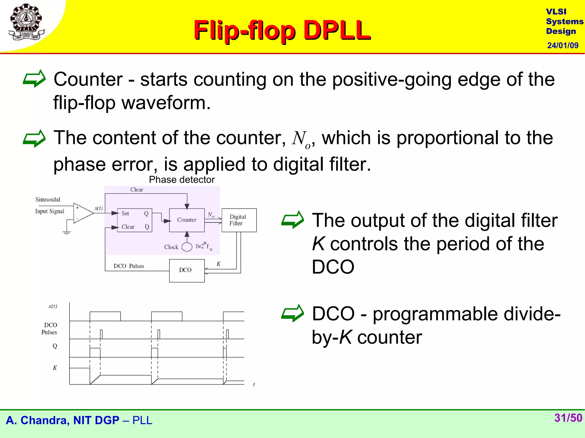 VLSI

                                 Flip-flop DPLL
                                                                               Systems
                                                                               Design
                                                                               24/01/09



   Counter - starts counting on the positive-going edge of the
        flip-flop waveform.

   The content of the counter, N , which is proportional to the
                                            o
        phase error, is applied to digital filter.
                        Phase detector



                                          The output of the digital filter
                                                K controls the period of the
                                                DCO

                                          DCO - programmable divide-
                                                by-K counter



A. Chandra, NIT DGP – PLL                                                       31/50
 