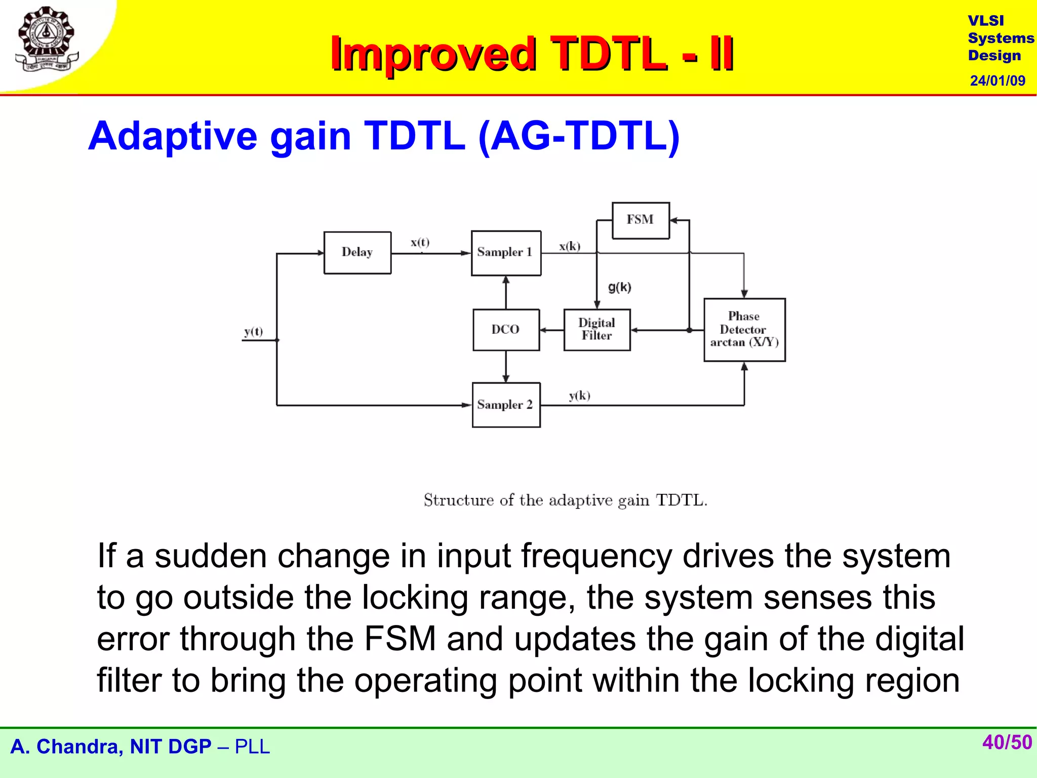 VLSI

                            Improved TDTL - II
                                                                        Systems
                                                                        Design
                                                                        24/01/09



       Adaptive gain TDTL (AG-TDTL)




        If a sudden change in input frequency drives the system
        to go outside the locking range, the system senses this
        error through the FSM and updates the gain of the digital
        filter to bring the operating point within the locking region
A. Chandra, NIT DGP – PLL                                                40/50
 