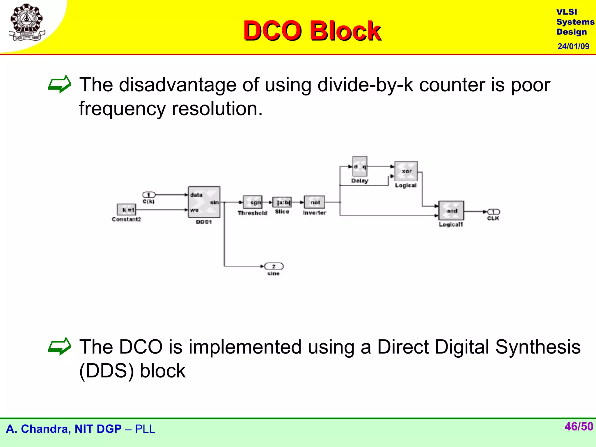 VLSI

                              DCO Block
                                                                Systems
                                                                Design
                                                                24/01/09




       The disadvantage of using divide-by-k counter is poor
            frequency resolution.




       The DCO is implemented using a Direct Digital Synthesis
            (DDS) block

A. Chandra, NIT DGP – PLL                                        46/50
 