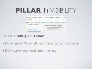PILLAR 1: VISIBILITY


• Install   Firebug and YSlow

• Do   whatever YSlow tells you (if you can do it in a day)

• Don’t     worry too much about the rest
 