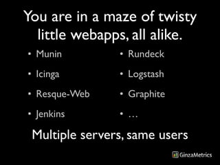 You are in a maze of twisty
  little webapps, all alike.
• Munin         • Rundeck
• Icinga        • Logstash
• Resque-Web    • Graphite
• Jenkins       • …

 Multiple servers, same users
 