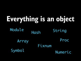 Everything is an object
 Module                String
            Hash

    Array                 Proc
              Fixnum
 Symbol                 Numeric
 