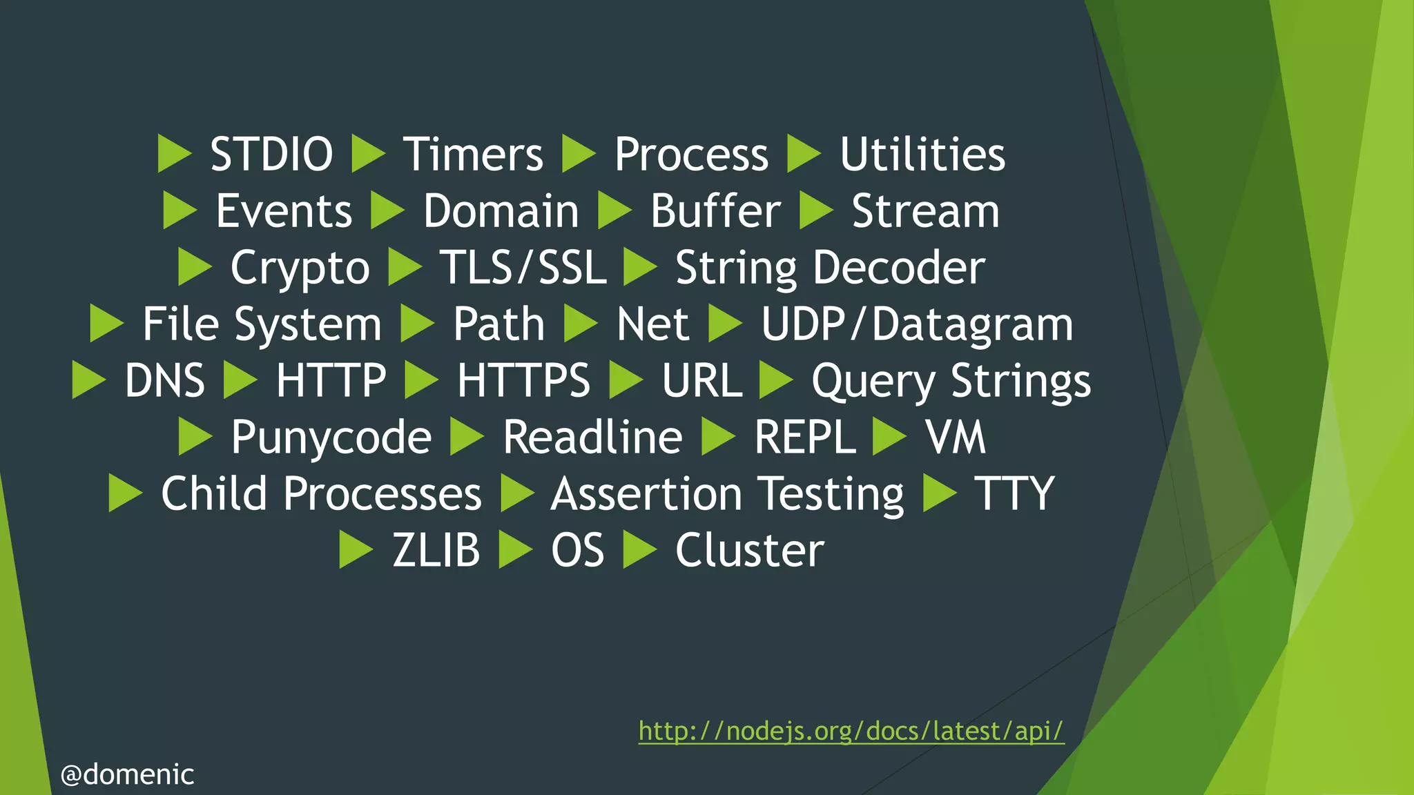  STDIO  Timers  Process  Utilities
    Events  Domain  Buffer  Stream
     Crypto  TLS/SSL  String Decoder
 File System  Path  Net  UDP/Datagram
 DNS  HTTP  HTTPS  URL  Query Strings
     Punycode  Readline  REPL  VM
  Child Processes  Assertion Testing  TTY
             ZLIB  OS  Cluster


                        http://nodejs.org/docs/latest/api/
@domenic
 