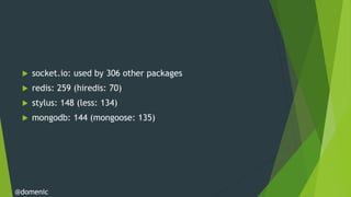    socket.io: used by 306 other packages
    redis: 259 (hiredis: 70)
    stylus: 148 (less: 134)
    mongodb: 144 (mongoose: 135)




@domenic
 