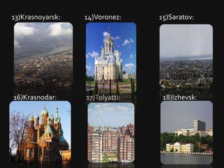 13)Krasnoyarsk:   14)Voronez:    15)Saratov:




16)Krasnodar:     17)Tolyatti:    18)Izhevsk:
 