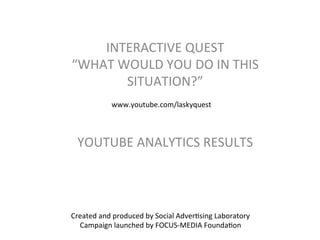 INTERACTIVE	
  QUEST	
  
“WHAT	
  WOULD	
  YOU	
  DO	
  IN	
  THIS	
  
          SITUATION?”	
  
                www.youtube.com/laskyquest	
  



  YOUTUBE	
  ANALYTICS	
  RESULTS	
  




Created	
  and	
  produced	
  by	
  Social	
  AdverMsing	
  Laboratory	
  
  Campaign	
  launched	
  by	
  FOCUS-­‐MEDIA	
  FoundaMon	
  
 