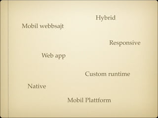 Hybrid
Mobil webbsajt

                               Responsive

      Web app


                       Custom runtime

 Native

                 Mobil Plattform
 