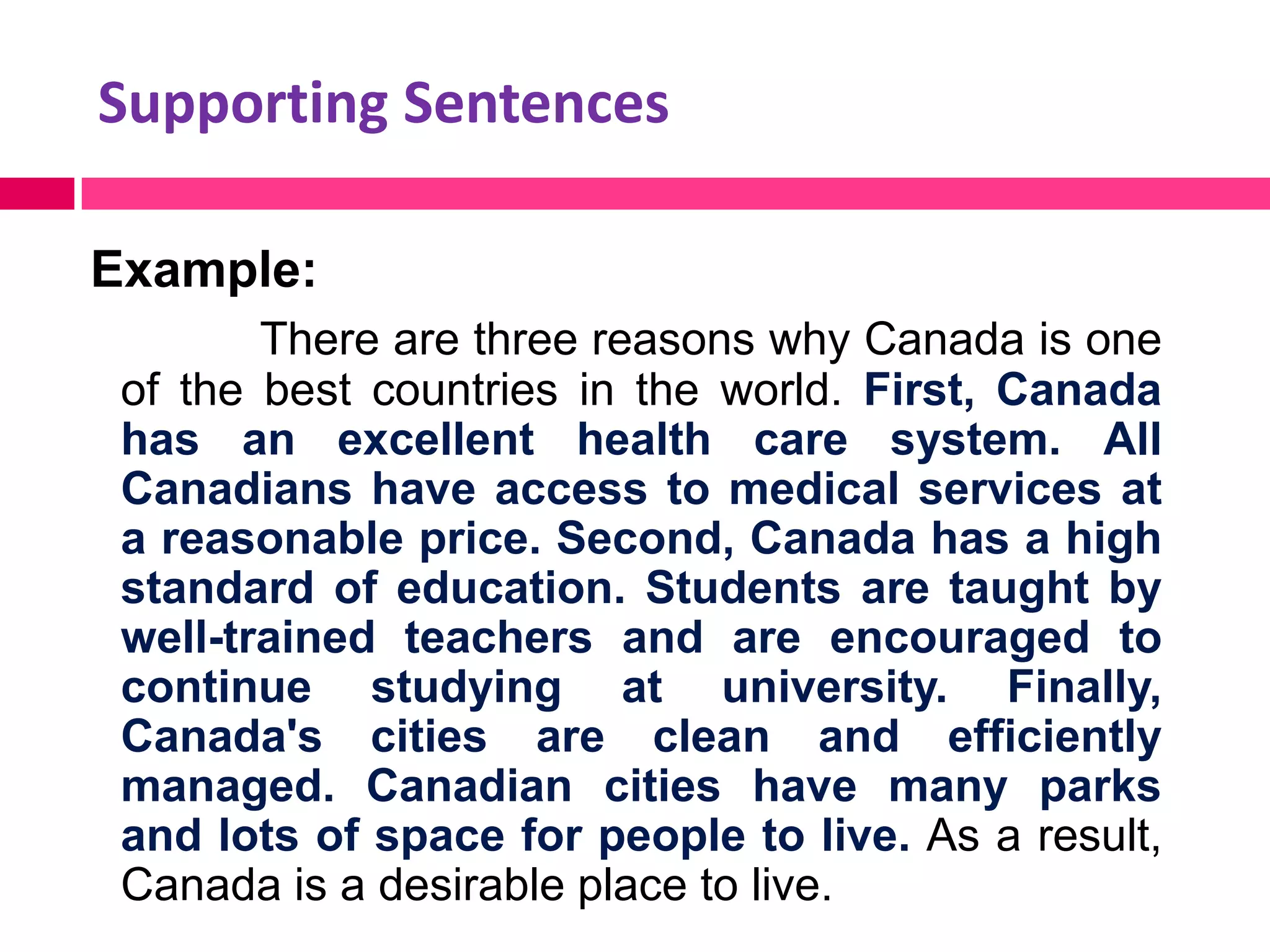 Supporting Sentences

Example:
        There are three reasons why Canada is one
 of the best countries in the world. First, Canada
 has an excellent health care system. All
 Canadians have access to medical services at
 a reasonable price. Second, Canada has a high
 standard of education. Students are taught by
 well-trained teachers and are encouraged to
 continue studying at university. Finally,
 Canada's cities are clean and efficiently
 managed. Canadian cities have many parks
 and lots of space for people to live. As a result,
 Canada is a desirable place to live.
 