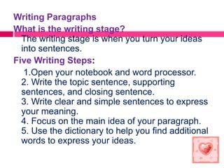 Writing Paragraphs
What is the writing stage?
  The writing stage is when you turn your ideas
  into sentences.
Five Writing Steps:
   1.Open your notebook and word processor.
  2. Write the topic sentence, supporting
  sentences, and closing sentence.
  3. Write clear and simple sentences to express
  your meaning.
  4. Focus on the main idea of your paragraph.
  5. Use the dictionary to help you find additional
  words to express your ideas.
 