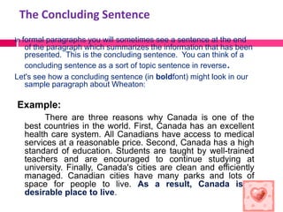 The Concluding Sentence
In formal paragraphs you will sometimes see a sentence at the end
   of the paragraph which summarizes the information that has been
   presented. This is the concluding sentence. You can think of a
   concluding sentence as a sort of topic sentence in reverse.
Let's see how a concluding sentence (in boldfont) might look in our
   sample paragraph about Wheaton:

Example:
       There are three reasons why Canada is one of the
  best countries in the world. First, Canada has an excellent
  health care system. All Canadians have access to medical
  services at a reasonable price. Second, Canada has a high
  standard of education. Students are taught by well-trained
  teachers and are encouraged to continue studying at
  university. Finally, Canada's cities are clean and efficiently
  managed. Canadian cities have many parks and lots of
  space for people to live. As a result, Canada is a
  desirable place to live.
 