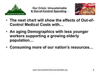 Our Crisis: Unsustainable  & Out-of-Control Spending … The next chart will show the effects of Out-of-Control Medical Costs with… An aging Demographics with less younger workers supporting a growing elderly population… Consuming more of our nation’s resources… 