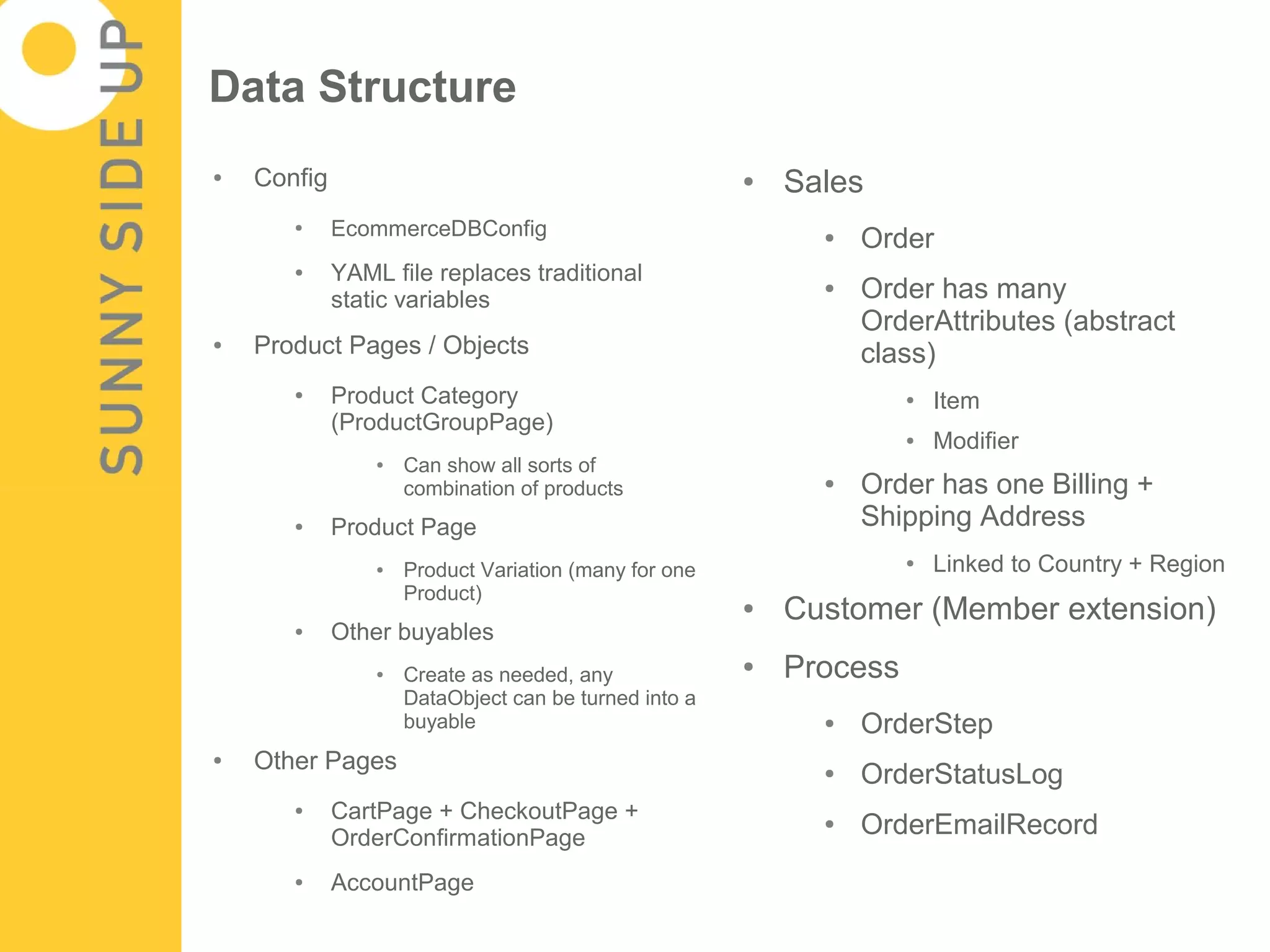Data Structure
●   Config                                             ●   Sales
             EcommerceDBConfig
                                                                 Order
       ●
                                                             ●

       ●     YAML file replaces traditional
             static variables
                                                             ●   Order has many
                                                                 OrderAttributes (abstract
●   Product Pages / Objects                                      class)
       ●     Product Category                                        ●   Item
             (ProductGroupPage)
                                                                     ●   Modifier
                 ●   Can show all sorts of
                     combination of products                 ●   Order has one Billing +
       ●     Product Page                                        Shipping Address
                 ●   Product Variation (many for one                 ●   Linked to Country + Region
                     Product)
                                                       ●   Customer (Member extension)
       ●     Other buyables
                 ●   Create as needed, any
                                                       ●   Process
                     DataObject can be turned into a
                     buyable                                 ●   OrderStep
●   Other Pages                                              ●   OrderStatusLog
       ●     CartPage + CheckoutPage +
             OrderConfirmationPage
                                                             ●   OrderEmailRecord
       ●     AccountPage
 