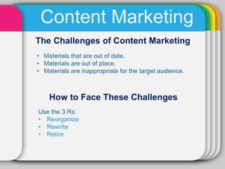 Content Marketing
The Challenges of Content Marketing
• Materials that are out of date.
• Materials are out of place.
• Materials are inappropriate for the target audience.



    How to Face These Challenges
Use the 3 Rs:
• Reorganize
• Rewrite
• Retire
 