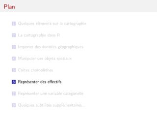 Plan

   1 Quelques éléments sur la cartographie


   2 La cartographie dans R

   3 Importer des données géographiques

   4 Manipuler des objets spatiaux

   5 Cartes choroplèthes

   6 Représenter des eﬀectifs

   7 Représenter une variable catégorielle

   8 Quelques subtilités supplémentaires...
 