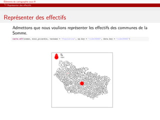 Éléments de cartographie sous R
   Représenter des eﬀectifs




Représenter des eﬀectifs
        Admettons que nous voulions représenter les eﬀectifs des communes de la
        Somme.
        carte.eff(somme, mini_picardie, varname = "Population", sp.key = "codeINSEE", data.key = "codeINSEE")




                                                q
                                                q
                                                                                                                                                50
                                                                                                                                                100
                                                                                                                                                135.5

                                                                                                                                    q



                                                                                                                                                                                                                                                                                                                                                                    q




                                                                                                                                                                                                                                                                                                                                                                                                                                                                                                q




                                                                                                                                                                                                                                                                                                                                                                                                                                                                                                                                                                q




                                                                                                                                                                        q


                                                                                                                                                                                                                                                    q




                                                                                                                                                                                                                                                                                                                                                                                            q




                                                                                                                                                                                                                                                                                                                                                                                                                                                                                                                                                                                                                q




                                                                                                                                                                                                                                                                                                                                                                                                                                                                                                            q
                                                                                                                                                                                                                                                                q




                                                                                                                                                                                                                                                                                                                                                                                                                                                                                                                                                                                                                                                                                                q




                                                                                                                                                                                                                                                                                                                                                                                                                                                                                                                                                                                                    q




                                                                                                                                                                                                                                                                                                                                                                                                    q




                                                                                                                                                                                                                                                                                                        q

                                                                                                                                q




                                                                                                                                                                                                                q
                                                                                                                                                                                                                                                                                                                                                                                                                                                                    q




                                                                                                                                                                                                                                                                                                                                                                                                                                                                                                                            q




                                                                                                                                                                                                                                                                                                                                                                                                                                                                                                                                                                                                                                                                                                                                                                                            q




                                                                                                                                                                                                                                                                                                                                                    q




                                                                                                                                                                                                                                                                                                                                                                                                                                                                                                                                                                                                                                                                                                                            q                                                                                                                                                   q




                                                                                                                                                                                q                                                                                                                                                   q
                                                                                                                                                                                                                                                                                                                                                                                                                                                                                                                                                                                                                                                                                                                                                                                                                                                                                                                                                            q




                                                                                                                                                                                                                                                                                                                                                                                                                                                                                                                                                q

                                                                                                                                                                                                                        q
                                                                                                                                                                                                                                                                                                                                                                                                                                                                                                                                                                                                                                                                                                                                                                                                                                                        q
                                                                                                                                                                                                                                                                                                                                                                                                                                                                                                                                                                                                                                                                                                                    q




                                                                                                                                                                                                                                                                                                                                                                                                                                                                                                                                                                                                                                                                                                                                                                                                                                                                                                                                q




                                                                                                                                                                                                                                                                                                                                                                                                                                                                                                                                                                                                                                                                                                                                                                                q



                                                                                                                                                                                                                                                                                                                                                                                                                                                                                                                                                                                                                                                                                                            q




                                                                                                                                                                                                                                                                    q




                                                                                                                                                                                                                                                                                                                                                                                                                        q


                                                                                                                                                                                                                                                                                                                                                                                                                                                                                                                                                                                                                                                                                                                                                                                                                                                                                                                                                                                                                                                                                                                                                                                                                                                                                                                                                                                            q
                                                                                                                                                                                                                                                                                                                                                                                                                                                                                                                                                                                                                                                                                                                                                                                                                                                                                                                                                                                                                                                                                                                                                                                                                                                                                                                                                                                                                                                            q




                                                                                                                                                                                                                                                                                                                                                                                                                                                                                                                                                                                                                                                                                                                                                                                                                        q




                                                                                                                                                                                                                                                                                                                                                                                                                                                                                                                                                                                                                                                                                                                                                                                                                                                                                                                        q
                                                                                                                                                                                                                                                                                                                                                                                                                                                                                                                                                                                                                                                                                                                                                                                                                                                                                                                                                                                                                                                                                                                                                                                                                                                                                                                                                                                                                                                                                                                                                                                            q
                                                                                                                                                                                                                                                                                                                                                                                                                                                                                                                                                                                                                                                                                                                                                                                                                                                                                                                                                                                                                                                                                                                                                                                                                                                                                                                                                        q




                                                                                                                                                                                                                                                                                                                                                                                                                                                                                                                q



                                                                                                                                                                                                                                                                                                                                                                                                                                                                                                                                                                                                                                                                                                                                                                                                                                                                                                                                                                                                                                                                                                                                                                                                                                                                                                        q




                                                                                                                                                                                                                                                                                                                                                                                                                                                                                                                                                                                                                                                                q




                                                                                                                                                                                                                                                                                                                                                                                                                                                                                                                                                                                                                                                                                                                                                                                                                                                                                                                                                                                                                                                                                                                                                                                                q




                                                                                                                                                                                                                                                                                                                                                                                                                                                                                                                                                                                                                                                                                                                                                                                                                                                                                                                                                                                    q




                                                                                                                                                                                                                                                                                                                                                                                                                                                                                                                                                                                                                                                                                                                                                                                                                                                                                                                                                                                                                                                                                                                                                                                                                                                                                                                                                                                                                                                                                                                    q




                                                                                                                                                                                                                                                                                                                                                                                                                                                                                                                                                                                                                                                                                                                                                                                                                                                                                                                                                                                                                                                                                                                                                            q



                                                                                                                                                                                                                                                                                                                                                                                                                                                                                                                                                                                                                                                                                                                                                                                                                                                                                                                                                                                                                                                                                    q




                                                                                                                                                                                                                                                                                                    q                                                                                                                                                   q




                                                                                                                                                                                                                                                                                                                                                                                                                                                                                                                                                                                                    q
                                                                                                                                                                                                                                                                                                                                                                                                                                                                                                                    q




                                                                                                                                                                                                                                                                                                                                                                                                                                                                                                                                                                                                                                                                                                                                                                                                                                                                    q


                                                                                                                                                                                                                                                                                                                                                                                                                                                                                                                                                                                                                                                                                                                                                                                                                                                                                                                                                                                                                                                                                                                                                                                                                            q




                                                                                    q
                                                                                                                                                                                                                                                                                                                                                                                                q


                                                                                                                                                                                q
                                                                                                                                                                                                                                                                                                                                                                                                                                                                                                                                                                                                                                                                                                                                                                                                                                                                                                                                                                                                                                                                                                                                                                                                                                                                                                                            q




                                                                                                                                                                                                                                                                                                                                                                                                                                                                                                                                                                                                                                                                                                    q

                                                                                                                                                                                                                                                                                                                                                                                                                                                                                                                                                                                                                                                                                                                                                                                                                                                                                                                                                                                                                                                                                                                                                                                                                                                                                                                                                                                                                                                        q
                                                                                                                                                                                                                                                                                                                                                                                                                                                                                                                                                                                                                                                                                                                                                                                                                                                                                                                                                                        q
                                                                                                                                                                                                                                                                                                                                                                                                                                                                                                                                                                                                                                                                                                                                                                    q




                                                                                                                                                                                                                                                                                                                                                                                                                                                                                                                                                                                                                                                                                                                                                                                                                    q

                                                                                                                                                                                                                                                                                                                                                                                                                                                                                                                                                                                                                                                                                                                                                                                                                                                                                                                                                                                                                                                                                                q




                                                                                                                                                                                                                                                                                                                                                                                                                                                                                            q
                                                                                                                                                                                                                                                                                                                                                                                                                                                                                                                                                                                                                                                                                                                                                                                                                                                                                                                                                                                                                                                q




                                                                                                                                                                                                                                                                                                                                                                                                                                                                                                                                                                                                                    q


                                                                                                                                                                                                                                                                                                                                                                                                                                                                                                                                                                                                                                                                                                                                                                                                                                                                                                                                                                                                                                                                                                                                                                            q




                                                                                                                                                                                                                                                                                                                                                                                                                                                                                                                                                                                                                                                                                                                                                                                                                                                                                                                                                                                                                                                                                                                                                                                                                                                                        q


                                                                                                                    q


                                                                                                                                        q
                                                                                                                                                                                                                                                                                                                                                                                                                                                                                                                                                                                                                                                                                                                                                                                                                                                                                                                                                                                                                                                                                                                                    q




                                                                                                                                                                                    q
                                                                                                                                                                                                                                q




                                                                                                                                                                                                                                                                                                                                                                        q
                                                                                                                                                                                                                                                                                                                                                                                                                                                                                                                                                                                                                                                                                                                                                                                                                                                                                                                                                                                                                                                                                                                                                                                                                                                                                                                                                                                                    q
                                                                                                                                                                                                                                                                                                                                                                                                                                                                                                                                                                                                                                                                                                                                                                                                                                                                                                                                                                                                                                                                                        q
                                                                                                                                                                                                                                                                                                                                                                                                                                                                                        q                                                                                                                                                                                                                                                                                                                                                                                                                                                                                                               q



                                                                                                                                                                                                                                                                                                                                                                                                                                                                                                                                                                                                                                                                                                                                                                                                                                                                        q


                                                                                                                                                                                                                                                                                                                                                                                                                                                                                                                                                                                                                                                                                                                                                                                                                                                                                                                                q



                                                                                                                                                                                                                                                                                                                                                                                                                                                                                                                                                                                                                                                                                                                                                                                                                                                                                                                                                                                                                                                                                                                                                                                                                    q




                                                                                                                                                                                                                                                                                                                                                                                                                                                                                                                                                                                                                                                                                                                                                                                                                                                                                                                                                                                                                                                                                                                                                                                                                                                                                                                        q
                                                                                                                                                                                                                                                                                                                                                                                                                                                                                                                                                                                                                                                                                    q




                                                                                                                                                                                                                                                                                                                                                                                                                                                                                                                                                                                                                                                                                                                                                                                                    q




                                                                                                                                                                                                                                                                                                                                                                                                                                                                                                                                                                            q




                                                                                                                                                                                                                                                                                    q
                                                                                        q




                                                                                                                                                                                                                                                                                                                                                                                                                                                                                                                                                                                                                                                                                                                                                                                                                                                                                                                                                                                                                                                                                                                                                                                                                                        q




                                                                                                                                                                                                                                                                                                                                                                                                                                                                                                                                                                                                                                                                                                                                                                                                                                                                                                                                                                                                                                                                                                                                                                                                                                                                                                                                                    q
                                                                                                                                                                                                                                                                                                                                                                                                                                    q




                                                                                                                                                                                                                                                                                                                                                                                                                                                                                                                                                                                                                                                                                                                                                                                                                                                                                                                                                                                                                                                        q



                                                                                                                                                                                                                                                                                                                                                                                                                                                                                                                                                                                                                                                                                                                                                                                                                                                                                                                                                                q
                                                                                                                                                                                                                                                                                                                                                                                                                                                                                                                                                                                                                                                                                                                                                                                                                                                                                                                                                                                                                                                                                                                                                        q                                                                                                                                                                                                                                                                               q


                                                                                                                                                                            q



                                                                                                                                                                                                            q
                                                                                                                                                                                                                                                                                                                                                                                                                                                                                                                                                                                                                    q
                                                                                                                                                                                                                                                                                                                                                                                                                                                                                                                                                                                                                                                                                                                                            q                                                                                                                                               q
                                                                                                                                                                                                                                                                                                                                                                                                                                                                                                                                                                                                                                                                                                                                                                                                                                                                                                                                                                                                                                                                                                                                                                                                                                                                                                        q                                                                                                                                                                                                                                                                                                                                                                                                                                                                                                                   q




                                                                                                                                                                                                                                                                                                                                                                                                                                                                                                                                                                                                                                                        q
                                                                                                                                                                                                                                                                                                                                                                                                                                                                                                                                                                                                                                                                                                                                                                                                                                                                                                                                                                                                                                                                                                                                                                                                                                                                                                                                                                                                                                                                                                                                                                                                                                                                                                                                                                                            q




                                                                q                                                       q
                                                                                                                                                                                                                                                                                                                                                                                                                                                                                                                                                                                                                                                                                                                                                                                                                                                                                                                                                                                                                                                                                                                                                                                                                                                                                                                                                                                                                                                                                                                                                                                                                                                                                                    q




                                                                                                                                                                                                                                                                                                                q




                                                                                                                                                                                                                                                                                                                                                                                                                                                                                        q
                                                                                                            q
                                                                                                                                                                                                                                                                                                                                                                                                                                                                                                                                                                                                                                                                                                                                                                                                                                                                                                                                                                                                                                                                    q




                                                                                                                                                                                                                                                                                                                                                                                                                                                                                                                                                                                                                                                                                                                                                                                                                                                                                                                                                                                                                                                                                                                                                                                                                                            q
                                                                                                                                                                                                                                                                                                                                                                                                                                                                                                                                                                                                                                                                                                                                                                                                                                                                                                                                                                                                                                                                                                                                                                                                                                                                                                                                                                                                                                                                                                                                                                                                                                                        q




                                                                                                                                                                                                                                                                                                                                                                                                                                                                                                                                                                                                                                                                                                                                                                                                                                                                                                                                    q


                                                                                                                                                                                                                                                                                                                                                                                                                                                                                                                                                                                                                                                                                                                                                                                                                                                                                                                                                                                                                q




                                                                                                                                                                                                                                                                                                                                                                                    q

                                                                                            q                                                                                                                                                                                                                                                                                                                                                                                                                                                                                                                                                                                                                                                                                                                                                   q


                                                                                                                                                                                                                                        q




                                                                                                                                                                                                                                                                                                                                                                                                                                                                                                                                                                                                                                                                                                                                                                                                                                                                                                                                                                                                                                                                                                                                                                                                                                                                                                                                                                            q
                                                                                                                                                                                                                                                                                                                                                                                                                                                                                                                                                                                                                                                                                                                                                                                            q




                                                                                                                                                                    q

                                                                                                                                                                                                                                                                                                                                                                                                                                                                                                                                                                                                                                q

                                                                                                                                                                                                q

                                                                                                                                                                                                                                                                                                                                                                                                                                                                                                                                                                                                                                                                                                                                                                                                                                                                                                                                                                                                                                                                                                                                                                                                                                                                                                                                                                                                                                                                                                                                                                                                                                                                                                                                                                                                                                                    q




                                                                                                                                                                                                                                                                                                                                                                                                                                                                                                                                                                                                                                                                                                                                                                                                                                                                                                                                                                                                                                                                                                                                                                                                                                                                                                                                                                                                                                                                                                                                                                                                                                                                                                                                                q




                                                q
                                                                                                                                                                                                                                                                                                                                                                                                                                                                                                                                                                                                                                                                                                                                                                                                                                                                                                                                                                                                                                                                                                        q



                                                                                                                                                                                                                                                                                                                                                                                                                                                                                                                                                                                                                                                                                                                                                                                                                                                                                                                                                                                                                                                                                                                                                                                                                                                                                                                                                                                                                                                                q                                                                                                                                                                                                                                                                                                                                                                                                                                                                                                                                                                                                                                                                                                       q




                                                                                                                                            q                                                                                                                                           q
                                                                                                                                                                                                                                                                                                                                                                                                                                                                                                                                                                                                                                                                                                                                                                                                                                                                                                                                                                                                                                                                                                                                                                                                                                                                                                                q
                                                                                                                                                                                                                                                                                                                                                                                                                                                                                                                                                                                                                                                                                                                                                                                                                                                                                                                                                                                                                                                                                                                                                                                                                                                                                                                                                                                                                                                                                                                                                                                                                                                                                                                                                                                                                                                                                                        q
                                                                                                                                                                                                                                                                                                                                                                                                                                                                                                                                                                                                                                                                                                                                                                                                                                                                                                                                                                                                                                                                                                                                                                                                                                                                                                                                                                                                                                                                                                                                                                    q




                                                                                                                                                                                                                                                                                                                                                                                                                                                                                                                                                                                                                                                                                                                                                q                                                                                                                                                                                                                                                                                                                                                                                                                                                                                                                                                                                                                                                                                                                                                                                                                                                                                                                                                                                                                                                       q



                                                                                                                                                                                                                                                                                                                                                                                                                                                                                                                                                                                                                                                                                                                                                                                                                                                                                                                                                                                                                                                                                                                                                                                                                                                                                                                                                                                                                                                                                                                                                                                                                                                                                                                                                                                                                                                                                                                                                                                                                                                                                                        q


                                                                                                                                                                                                                                                                                                                                                                                                                                                                                                                                                                                                                                                                                                                                                                                                                                                                                                                                                                                                                        q




                                                                                                                                                                                                                                                                                                                                                                                                                                                                                                                                                                                                                                                                                q

                                                            q




                                                                                                        q
                                                                                                                                                                                                                                                                                                                                                                                                                            q
                                                                    q
                                                                                                                                                                                                                                                                                                                                                                                                                                                                                                                                                                                                                                                                                                                                                                                                                                                                                                                                                                                                                                                                                                                                                                                                                                                                                                                                                                                                                                                                                                                                                                                                                    q

                                                                                                                                                                                                                                                                                                                                                                                                                                                                                                                                                                                                                                                                                                                                                                                                                                                                                                                                                    q




                                                                                                                                                                                                                                                                                                                                                                                                                                                                                                                                                                                                                                                                                                                                                                                                                                                                                                                                                                                                                                                                                                                                                                                                            q                                                                                                                                                                                                                                                                                                                                                                                                                                                                       q


                                                                                                                                                                                                                                                                                                                                                                                                                                                                                                                                                                                                                                                                                                                                                                                                                                                                                                q




                                                                                q                                                                                                                                                                                                                                                                                                                                                                                                                                                                                                                                                                                                                                                                                                                                                                                                                                                                                                                                                                                                                                                               q




                                                                                                                                                                                q

                                                                                                                                                                                                                                                                                                                                                                                                                                                                                                                                                                                                                                                                                                                                                                                                                                q                                                                                                                                                                                                                                                                                                                                                                                                                                                                                                                                                                                                                                                                                                                                                                                                                                                                                                                                                                                                                                                                                                                                                                                                   q




                                                                            q
                                                    q
                                                                                                                                                                                                                                                                                                                                                                                                                                                                                                                                                                                                                                                                                                                                                                                                                                                                                                                                                                                                                                                                                                                                                                                                                                                                                                                                                                                                                                    q
                                                                                                                                                                                                                                                                                                                                                                                                                                                                                                                                                                                                                                                                                                                                                                                                                                                                                                                                                                                                                                                                                                                                                                                                                                                                                                                                                                                                                                                                                                                                                                                                                                                                                                                                                                                                                                                                                                                                                                                                                                                                                                                                                                                q




                                                                                                                                                                                                                                                                                                                                                q                                                                                                                                                                                                                                   q                                                                                                                                                                                                                                                                                                                                                                                                                                                                                                                                                                                                                                                                                                                                                                                                                                                                                                                                                                                                                                                                                                                                                                                                                                                                                                                                                               q




                                            q                                                                                                                                                                                                                                                                                                                                                                                                                                                                                                                                                                                                                                                                                                                                                                                                                                                                                                                                                                                                                                                                                                                                                                                                                                           q
                                                                                                                                                                                                                                                                                                                                                                                                                                                                                                                                                                                                                                                                                                                                                                                                                                                                                                                                                                                                                                                                                                                                                                                                                                                                                                                                                                                                                                                                                                                                                                                                                                                                                                                                                                                                                                                                            q


                                                                                                                                                                                                                                                                                                                                                                                                                                                                                                                                                                                                                                                                                                                                                    q


                                                                                                                                                                                                                                                                                                                                                                                                                                                                                                                                                                                                                                                                                                                                                                                                                                                                                                                                                                                                                                                                            q
                                                                                                                                                                                                                                                                                                                                                                                                                                                                                                                                                                                                                                                                                                                                                                                                                                                                                                                                                                                                                                                                                                                                                                                                                                                                                                                                                                                                                                                                                                                                                                                                                                                                                                                                                                                                                                                                                                                                                                                            q


                                                                                                                                                                                                                                                                                                                                                                                                                                                                                                    q
                                                                                                                                                                                                                                                                                                                                                                                                                                                                                                                                                                                                                                                                                                                                                                                                                                                                                                                                                                                                                                                                                                                                                                                                                                                                                                                                                                                                                                                                                                                                                            q




                                                                                                                                                                                                                                                                                                                                                                                                                                                                                                                                                                                                                                                                                                                                                                                                                                                                                                                                        q




                                                                                                                                                                                                                                                                                                                                                                                                                                                                                                                                                                                                                                                                                                                                                                                                                                                                                                                                                                                                                                                                                                                                                                                                                                                                                                                                                                                                                                                                                                                                                                                                                                    q




                                                                                                                                                                                                                    q                                                                                                                                                                                                                                                                                                                                                                                                               q

                                                                                                                                                                                                                                                                                                                                                                                                                                                                                                                                                                                                                                                                                                                                                                                                                                                                                                                                                                                                                                                                                                                                                                                                                                                                                                                                                                                                                                                                                                                                                                                                                                                                                                                                        q
                                                                                                                                                                                            q
                                                                                                    q
                                                                                                                        q
                                                                                                                                                                                                                                                                                                                                                                                                                                                                                                                                                                                                                                                                                                                                                                                                                                                                                                                                                                                                q




                                                                                                                                                                                                                                                                                                                                                                                                                                                                                                                                                                                                                                                                                                                                                                                                                                                                                                                                                                                                                                                                                                                                                                                                                                                                                                                                                                                                                                                                                                                                                                                                                                                                                                                                                                                                                                                                                                                                                                                                                                                                            q

                                                                                                                                                                                                                                                                                                                                                                                                                                                                                                                                                                                                                                                                                                                                                                                                                                                                                                                                                                                                                                                                                                                                                                                                                                                                                                                                                                                                                                                                                                                                                                                                                                                                                            q

                                                                                    q                                                                                                                                                                                   q




                                                                                                                                                    q
                                                                    q




                                                                                                                                                                                                                                                                                                                                                                                                                                                                                                                                                                                                                                                                                    q
                                                                                                                                                                                                                                                                                                                                                                                                                                                                                                                                                                                                                                                                                                                                                                                                                                                                                                                                                                                                                                                                                                                                                                                                                                                                                                                                                                                                                                                                                                                                                                                                                                                                                                                                                                                        q

                                                                                                                                                                                                                                                                                                                                                                                                                                                                                                                                                                                                                                                                                                                                                                                                                                                                q




                                                                                                                                                                                                                                                                                                                                                                                                                                                                                                                                                                                                                                                                                                                                                                                                                                                                                                                                                                                                                                                                                                                                                                                                                                                                                                                                                                        q




                                                                                                                                                                                                                                                                                                                                                                                                                                                                                                                                                                                                                                                                                                                                                                                                                                                                                                                                                                                                                                                                                                                                                                q                                                                   q




                                                                                                                                                                                                                                                                                                                                                                                                                                                                                                                                                                                                                                                                                                                                                                                                                                                                                                                                                        q                                                                                                                                                                                                                                                                                                                                                                                                                                                                                                                                                                                                                                                                                                                                                                                                                                                                                                                                                                                                                                                                                           q                                                                                                                                                                                                                                                                                           q

                                                                                                                                                                                                                                                                                                                                                                                                                                                                                                                                                                                                                                                                                                                                                                        q                                                                                                                                                                                                                                                                                                                                                                                                                                                                                                                                                                                                                                                                                                                                                                                                                                                                                                                                                                                                                                                                                                                                                                                                                                                                                                                                                           q




                                                        q
                                                                                                                                                                                                                                                                                                                                                                                                                                                                                                                                                                                                                                                                                                                                                                                                                                                                                                                                                                                                                                                                                                    q
                                                                                                                                                                                                                                                                                                                                                                        q
                                                                                                                                                                                                                                                                                                                                                                                                                                                                                                                                            q


                                                                                                                                                                                                                                                                                                                                                                                                                                                                                                                                                                                                                                                                                                                                                                                                                                                                                                                                                                                                                                                                                                                                                                                                                                                                                                                                                                                                                                                                                                    q

                                                                                                                                                                                                                                                                                                                                                                                                                                                                                                                                                                                                                                                                                                                                                                                                                                                                                                                                                                                                                                                                                                                                                                                                                                                                                                                                                                                                                                                                                                                                                                                                                                                                                                                                                                                                                                                                                                    q




                                                                                                                                                                                                                                                                                                                                                                                                                                                q



                                                                                                q                                                                                                                                                                                                                                                                                                                                                                                                                                                                                                       q

                                                                                                                                                                                                                                                                                                                                                                                                                                                                                                                                                                                                                                                                                                                                                                                                                                                                                                                                                                                                                                                                                                                                                                                                                                                                                                                                                                                                                                                                                                                                                                                                                                                                                                                                                                                                                                                                                                                                                                                                                                                                                                                                                                                                                                                                                q




                                                                                                                                                                                                                                                                                                                                                                                                                                                                                                                                                                                                                                                                                                                                                                                                                                                                                                                                                                                                                                                                                                                                                                                                                                                                                                                                                                                                                                                                                                                                                                                                                                                                                                                                                                                                                q




                                                                                                                                                                                                                                                                                                                                                                                                                                                                                                                                                                                                                                                                                                                                                                                                                                                                                                                                                q                                                                                                                                                                                                                                                                                                                                                                                                                                                                                                                                                                                                                                                                                                                                                                                                                                                                                                                                                                                                       q




                                                                                                                                                                                                                                                                                                q

                                                                                                                                                                                                                                                                                                                                                                                                                                                                                                                                                                                                                                                                                                                                                                                                                                                                                                                                                                                                                                                                                                                                                                                                                                                                                                                    q                                                                                                                                                                                                                                                                                                                                                                                                                                                                                                                                                                                                                                                                                                       q


                                                                                                                                                                                                                                                                                                                                                                                                                                                                                                                                                                                                                                                                                                                                                                                                                                                                                                                                                                                                                                                                                                                                                                                                                                                                                                                                                                                                                                                                                                                                                                                                        q                                                                                                   q




                                                                                                                                                                                                                                                                                                                                                                                                                                                                                                                                                                                                                                                                                                                                                                                                                q                                                                                                                                                                                                                                                                                                                                                               q
                                                                        q
                                                                                                                                                                q
                                                                                                                                                                                                                                                                                                                                                                                                                                                                                                                                                                                                                                                                                                                                                                                                                                                                                    q
                                                                                                                                                                                                                                                                                                                                                                                                                                                                                                                                                                                                                                                                                                                                                                                                                                                                                                                                                                                                                                                                                                                q                                                                                                                                                                                                                                                                                                                                                                                                                                                                                                                                                                                                                                                                                                                                                                                                                                                                                                                                                                                                                                                                                                                                                                                                                                                       q




                                                                                                                                                                                                                                                                                                                                                                                                                                                                                                                                                                                                                                                                                                                                                                                                                                                                                                                                                                                                            q

                                                                                                                                                                                                                                    q
                                                                                                                                                                                                                                                                                                                                                                                                                                                                                                                                                                                                                                                                                                                                                                                                                                                                                                                                                                                                                                                                                                                                                                                                                                                                                                                                                                                                q
                                                                                                                                                                                                                                                                                                                                                                                                                                                                                                                                                                                                                                                                                                                                                                                                                                                                                                                                                                                                                                                                                                                                                                                                                                                                                                                                                                                                                                                                                                                                                                                                                                                                                                                                                                                                                                                                                                                                                                                                                                                                                                q
                                                                                                                                                                                                                                                                                                                                                                                                                                                                                                                                                                                                                                                                                                                                                                                                                                                                                                                                                                                                                                                                                                                                                                                                                                                                                                                                                                                                                                                                                                                                                                                                                                                                                                                                                                                                                                                                                                                                                                                                                                                                                                                                                                                                                                                                                                                                                                                                                                                                                                                                                                                                                                    q

                                                                                                                q



                                                                                                                                                                                                                                                                                                                                                                                                                                                                                                                                                                                                                                                                                                                                                                                                                                                                                                                                                                                                                                                                                                                                                                                                                                                                q




                                                                                                                                                                                                                                                                                                                                                                                                                                                                                                                                                                                                                                                                                                                                                                                                                                                                                                                                                                                                                                                                                                                                                                                                                                    q



                                                                                                                                                                                                                                                                                                                                                                                                                                                                                                                                                                                                                                                                                                                                                                                                                                                                                                                                                                                                                                                                                        q
                                                                                                                                                                                                                                                                                                                                                                                                                                                                                                                                                                                                                                            q
                                                                                                                                                                                                                                                                                                                                                                                                                                                                                                                                                                                                                                                                                                                                                                                                                                                                                                                                                                                                                                                                                                                                                                                                                                                                                                                                                                                                                                                                                                                                                                                                                                                                        q




                                                                                                                                                                                                                                                                                                                                                                                                                                                                                                                                                                                                                                                                                                                                                                                                                                                                                                                                                                                                                                                                                                                                                                                                                                                                                                                                                                                                                                                                                                                                                                                                                                                                                                                                                                                                                                                                                                                                                                                                                                                                                                                                                                                                                                                                                                                                                                                                                                                                                                                        q




                                                                                                                                                                                                                                                                                                                                                                                                                                                                                                                                                                                                                                                                                                                                                                                                                                                                                                                                                                                                                                                                                                                                                                                                                                                                                                                                                                                                                                                                                                                                                                                                                                                                                                                                                                                                                                                                                                                                                                                                                                                                                                                                                                                                                                                                                                                                                                                                                                                                                                                                                                                                        q




                                                                                                                                                                                                                                                                                                                                                                                                                                                                                                                                                                                                                                                                                                                                                                                                                                                                                                                                                                                                                                                                                                                                                                                                                                                                                                                                                                                                                                                                                                                                                                                                                                                                                                                                                                                                                                                                                                                                                                                                q
                                                                                                                                                                                                                                                                                                                                                                                                                                                                                                                                                            q
                                                                                                                                                                                                                                                                                            q




                                                                                                                                                                                                                                                                                                                                                                    q
                                                                                                                                                                                                                                                                                                                                                                                                                                                                                                                                                                                                                                                                                                                                                                                                                                                                                                                                                                                                                                                                                                                                                                                                                                                                                                                                                                                                                                                                                                                                                                                                                                                                                                                                                                                                                                                                                                                                                                                                                                                                                                                                                                                                                                                q


                                                                                                                                                                                                                                                                                                                                                                                                                                                                                                                                                                                                                                                                                                                                                                                                                                                                                                                                                                                                                                                                                                                                                                                                                                                                                                                                                                                                                                                                                                                q
                                                                                                                                                                                                                                                                                                                                                                                                                                                                                                                                                                                                                                                                                                                                                                                                                                                                                                        q
                                                                                                                                                                                                                                                                                                                                                                                                                                                                                                                                                                                                                                                                                                                                                                                                                                                                                                                                                                                                                                                                                                                                                                                                                                                                                                                                                                                                                                                                                                                                                                                                                                                                                                                                                                                                                                                                                                                                                                                                                                                                                                                                                                                        q




                                                                                                                                                                                                                                                                                                                                                                                                                                                                                                                                                                                                                                                                                                                                                                                                                                                                                                                                                                                                                                                                                                                                                                                                                                                                                                                                                                                                                                                                                                                                                                                                                                                                                                                                                                                                                                                                                                                                                                                                                                                            q
                                                                                                                                                                                                                                                                                                                                                                                                                                                                                                                                                                                                                                                                                                                                                                                                                                                                                                                                                                                                                                                                                                                                                                                                                                                                                                                                                                                                                                                                                                                                                                                                                                                                                                                                                                                                                                                                                                                                                                                                                                                                                                                            q
                                                                                                                                                                                                                                                                                                                                                                                                                                                                                                                                                                                                                                                                                                                                                                                                                                                                                                                                                                                                                                                                                                                                                                                                                                                                                                                                                                                                                                                                                                                                                                                                                                                                                                                                                                                                                                                                                                                                                                                                                                                                                                                                                                                                                                                                                                                                                                                                                                                                                                                                                                q
                                                                                                                                                                                                                                                                                                                                                                                                                                                                                                                                                                                                                                                                                                                                    q
                                                                                                                                                                                                                                                                                                                                                                                                                                                                                                                                                                                                                                                                                                                                                                                                                                                                                                                                                                                                                                                                                                                                                                                                                                                                                                                                                                                                                                                                                                                                                                                                                                                                                                                                                                                                                                                                                                                                                                                                                                                                                                                                                                                                                                                                                                                                                                                                                                                                q

                                                                                        q                                   q
                                                                                                                                                                                                                                                                                                                                                                                                                                                                                                                                                                                                                                                                                                                                                                                                                                                                                                                                                                                                                                                                                                                                                                                                                                                                                                                                                                                                                                                                                                                                                                                                                                                                                                                                                                                                                                        q



                                                                                                                                                                                                                                                                                                                                                                                                                                                                                                                                                                                                                                                                                                                                                                                                                                                                                                                                                                                                                                                                                                                                                                                                                                                                                                                                                                                                                                                                                                                                                                                                                                                                                                                                                                                                                                                                                                                                                                                                                                                                                                                                                                                                                                                                                                                                                                                                                                                                                                                                                                                                                                                                                            q


                                                                                                                                                                                                                                                                                                                                                                                                                                                                                                                                                                                                                                                                                                                                                                                                                                                                                                                                                                                                                                                                                                                                                                                                                                                                                                                                                                                                                                                                                                                                                                                                                                                                                                                                                                                                                                                                                                                                                                                                                                                                                                                                                                                                                                                                                                                                                                                                                                                                                                                                                                                                                                                        q




                                                                                                                                                                                                                                                                                                                                                                                                                                                                                                                                                                                                                                                                                                                                                                                                                                                                                                                                                                                                                                                                                                                                                                                                                                                                                                                                                                                                                                                                                                                                                                                                                                                                                                                                                                                                                                                                                                            q

                                                                                                                                                                                                                                                                                                                                                                                                                                                                                                                                                                                                                                                                                                                                                                                                                                                                                                                                                                                                                                                                                                                                                                                                                                                                                                                                                                                                                                                                                                                                                                                                                                                                                                                                                                                                                                                                                                                                                                                                                                                                                                                                                                                                                                                                                                                            q




                                                                                                                                                            q                                                                                                                                                                                                                                                                                                   q




                                                                                                                                                                                                                                                                                                                                                                                                                                                                                                                                                                                                                                                                                                                                                                                                                                                                                                                                                                                                                                                                        q
                                                                                                                                                                                                                                                                                                                                                                                                                                                                                                                                                                                                                                                                                                                                                                                                                                                                                                                                                                                                                                                                                                                                                                                                                                                                                                                                                                                                                                q

                                                                                                                                                                                                                                                                                                                                                                                                                                                                                                                                                                                                                                                                                                                                                                                                                                                                                                                                                                                                                                                                                                                                                                                                                                                                                                                                                                                                                                                                                                                                                                                                                                                    q




                                                                                                                                                                                                                                                                                                                                                                                                                                                                                                                                                                                                                                                                                                                                                                                                                                                                                                                                                                                                                                                                                                                                                                                                                                                                                                                                                                                                                                                                                                                                                                                                                                                                                                                                    q
                                                                                                                                                                                                                                                                                                                                                                                                                                                                                                                                                                                                                                                                            q




                                                                                                                                                                                                                                                                                                                                                                                                                                                                                                                                                                                                                                                                                                                                                                                                q

                                                                                                                                                                                                                                                                                                                                                                                                                                                                                                                                                                                                                                                                                                                                                                                                                                                                                                                                                                                        q
                                                                                                                                                                                                                q
                                                                                                                                                                                                                                                                                                                                                                                                                                                                                                                                                                                                                                                                                                                                                                                                                                                                                                                                                                                                                                                                                                                                                                q                                                                                                                                                                                                                                                                                                                                                                                                                                           q
                                                                                                                                                                                                                                                                                                                                                                                                                                                                                                                                                                                                                                                                                                                                                                                                                                                                                                                                                                                                                                                                                                                                                                                                                                                                                                                                                                                                                                                                                                                                                                                                                                                                                                                                                                                                                                                                                                                                                                                                                                                                                                                                                                                                                                                                                                            q




                                                                                                                                                                                                                                                                                                                                                                                                                                                                                                                                                                                                                                                                                                                                                                                                                                                                                                                                                                                                                                                                                                                                                                                                                                                                                                                                                                                                                                                                                                                                                                                                                                                                                                                                                                                                                                                                                                                                                                                                                                                                                                                                                                                                                                                                                                                                                                                                            q
                                                                                                                                                                                                                                                                                                                                                                                                                                                                                                                                                                                                                                                                                                                                                                                                                                                                                                                                                                                                                                                                                                                                                                                                                                                                                                                                                                                                                                                q




                                                                                                                                                                                                                                                                                                                                                                                                                                                                                                                                                                                                                                                                                                                                                                                                                                                                                                                                                                                                                                                                                                                                                                                                                                                                                                                                                                                                                                                                                                                                                                                                                                                                                                                                                                                                                                                                                                                                                                q
                                                                                                                                                                                        q                                                                                                                                                                                   q
                                                                                                                                                                                                                                                                                                                                                                                                                                                                                                                                                                                                                                                                                                                                                                                                                                                                        q                                                                                                                                                                                                                                                                                                                                                                                                                                                                                                                                                                                                                                                                                                                                                                                                                                                                                                                                                                                                                                                                                                                                                                                                                                                                                                                                           q




                                                                                                                                                                                                                                                                                                                                                                                                                                                                                                                                                                                                                                                                                                                                                                                                                                                                                                                                                                                                                                                                                                                                                                                                                                                                                                                                                                q                                                                                                                                                                                                                                                                                                                                                                                                                                                                                                                                                                                                                                                                                                                                                                                                                                                                                                                                                                                                                                                                                                                                                                                                                                                                                                                                                   q
                                                                                                                                                                                                                                                        q


                                                                                                                                                                                                                                                                                                            q
                                                                                                                                                                                                                                                                                                                                                                                                                                                                                                                                                                                                                                                                                                                                                                                                                                                                                                                                                                                                                                                                                                                                                                                                                                                                                    q                                                                                                                                                                                           q
                                                                                                                                                                                                                                                                                                                                                                                                                                                                                                                                                                                                                                                                                                                                                                                                                                                                                                                                                                                                                                                                                                                                                                                                                                                                                                                                                                                                                                                                                                                                                                                                                                                                                                                                                                                                    q




                                                                                                                    q
                                                                                                                                                                                                                                                                                                                                                                                                                                                                            q



                                                                                                                                                                                                                                                                                                                                                                                                                                                                                                                                                                                                                                                                                                                                                                                                                                                                                                                                                                                                                                                                                                                                                                                                                                                                                                                                                                                                                                                                                                                                                                                                                                                                                                                                                                                                                                                                                                                                                                                                                                                                                                                                                                                                                                                                                                                                                                                                                                                                                                                                                                                                            q

                                                                                                                                                                                                                                                                                                                                                                                                                                                                                                                                                                                                                                                                                                                                                                                                                                                                                                                                                                                                                                                                                                                                                                                                                                                                                                                                                                                                                                                                                                                                                                                                                                                                                                                                                                                                                                                                                                                                                                                                                                                                                                                                                                                                                                                                                                                                                                                                                                                    q




                                                                                                                                                                                                                                                                                                                                                                                                                                                                                                                                                                                                                                                                                                                                                                                                                                                                                                                                                                                                                                                                                                                                                                                                                                                                                                                                                                                                                                                                                                                                                                            q
                                                                                                                                                                                                                                                                                                                                                                                                                                                                                                                                                                                                                                                                                                                                                                                                                                                                                                                                                                                                                                                                                                                                                                                                                                                                                                                                                                                                                                                                                                                                                                                                                                                                                                                                                                                                                                                                                    q




                                                                                                                                                                                                                                                                                                                                                                                                                                                                                                                                                                                            q                                                                                                                                                                                                                                                                                                                                                                                                                                                                                                                                                                                                                                                                                                                                                                                                                                                                                                                                                                                                                                                                                                                                                                                                                                                                                                                                                                                                                                                                                                                                           q




                                                                                                                                                q                                                                                                                                                                                                                                                                                                                                                                                                                                                                                                                                                                                                                                                                                                                                                                                                                                                                                                                                                                                                                                                                                                                                                                                                                                                                                                                                                                               q




                                                                                                                                                                                                                                                                                                                                                                                                                                                                                                                                                                                                                                                                                                                                                                                                                                                                                                                                                                                                                                                                                                                                                                                                                                                                                                                                    q




                                                                                                                                                                                                                                                                                                                                                                                                                                                                                                                                                                                                                                                                                                                                                                                        q                                                                                                                                                                                                                                                                                                                                                                                                                                                                                                                                                                                                                                                                                                                                                                                                                                                                                                                                                                                                                                                                                                                                                                                                                                                   q



                                                                                                                                                                                                                                                                                                                                                                                                                                                                                                                                                                                                                                                                                                                                                                                                                                                                                                                                                                                                                                                                                                                                                                                                                                                                                                                                                                                                                                                                                                                                                                                                                                                                                                                                                                                                                                                                                                                                                                                                                                                                                    q

                                                                                                                                                                                                                                                                                                                                                                                                                                                                                                                                                                                                                                                                                                                                                                                                                                                                                                                                                                                                                                                                                                                                                                                                                                                                                                                                                                                                                                                                                                                                                                                                                                                                                                                                                                                                                                                                                                                                                                                                                                                                                                                                                                                                                                                                                                                                                                                                                                                                                                                                                                                                                                                    q


                                                                                                                                                                                                                                                                                                                                                                                                                                                                                                                                                                                                                                                                                                                                                                                                                                                                                                                                                                                                                                                                                                                                                                                                                                                                                                                                                                                                                                                                                                                                                                                                                                                                                                                                                                                                                                                                                                                                                                                                                                                                                                                                                                                                                                                                                                                                                                                                                                                                                                                                                                                                                                                                                        q




                                                                                                                                                                                                                                                                                                                                                                                                                    q




                                                                                                                                                                                                                                                                                                                                                                                                                                                                                                                                                                                                                                                                                                                                                                                                                                                                                                                                                                                                    q
                                                                                                                                                                                                                                                                                                                                                                                                                                                                                                                                                                                                                                                                                                                                                                                                                                                                                                                                                                                                                                                                                                                                                                                                                                                                                                                                                                                                                                                                                                                                                                                                                                                                                                                                                                                                                                                                                                                                                                                                                                                                                                                                                                                                                                                                                                                                                                                                                                                                                                                                                q
                                                                                                                                                                                                                                                                                                                                                                                                                                                                                                                                                                                                                                                                                                                                                                                                                                                                                                                                                                                                                                                                                                                                                                                                                                                                                                                                                                                                                                                                                                                                                                                                                                                                                                                                                                                                                                                                                                                                                                                                                                                                                                                                                                                                                                                                        q




                                                                                                                                                                                                                                                                                                                                                                                                                                                                                                                                                                                                                                                                                                                                                                                                                                                                                                                                                                                                                                                                                                                                                                                                                                                                                                                                                                                                                                                                                                                                                                                                                                                                                                                                                                                                                                                                                                                                                                                                                                                                                                                                                                                                                                                                                                                                                                                                                                                                        q
                                                                                                                                                                                                                                                                                                                                                                                                                                                                                                                                                                                                                                                                                                                                                                                                                                                                                                                                                                                                                                                                                                                                                                                                                                                                                                                                                                                                                                                                                                                                                                                                                                                                                                                                                                                                                                    q




                                                                                                                                                                                                                                                                                                                                                                                                                                                                                                                                                                                                                                                                                                                                                                                                                                                                                                                                                                                                                                                                                                                                                                                                                                                                                                                                                                                                                                                                                                                                                                                                                                                                                                q
                                                                                                                                                                                                                                                                                                                                                                                                                                                                                                                                                                                                                                                                                                                                                                                                                                                                                                                                                                                                                                                                                                                                                                                                                                                                                                                                                                                                                                                                                                                                                                                                                                                                                                                                                                    q




                                                                                                                                                                                                                                                                                                                                                                                                                                                                                                                                                                                                                                                                                                                                                                                                                                                                                                                                                                                                                                                                                                                                                                                                                                                                                                                                                                                                                                                q




                                                                                                                                                                                                                                                                                                                                                            q




                                                                                                                                                                                                                                                                                                                                                                                                                                                                                                                                                                                                                                                                                                                                                                                                                                                                                                                                                                                                                                                                                                                                                                                                                                                                                                                                                                                                                                                                                                                        q                                                                                                                                                                                                                                                                                                                                                                                                                                                                                                                                                                                                                                                                                                                                                                                                                                                                                                                                                                                                                                                                                                   q
                                                                                                                                                                                                                                                                                                                                                                                                                                                                                                                                                                                                                                                                                                                                                                                                                                                                                                                                                                                                                                                                                                                                                                                                                                                                                                                                                                                                                                                                                                                                                                                                                                                                                                                                                                                                                                                                                                                                                                                                                                                                                                                                                                q




                                                                                                                                                                                                                                                                                                                                                                                                                                                                                                                                                                                                                                                                                                                                                                                                                                                                                                                                                                                                                                                                                                                                                                                                                                                                                                                                                                                                                                                                                                                                                                                                                                                                                                                                                                                                                                                                                                                                                                                                                                                                                                                                                                                                                                                                                                                                                                q



                                                                                                                                                                                                                                                                                                                                                                                                                                                                                q



                                                                                                                                                                                                                                            q
                                                                                                                                                                                                                                                                                                                                                                                                                                                                                                                                                                                                                                                                                                                                                                                                                                                                                                                                                                                                                                                                                            q
                                                                                                                                                                                                                                                                                                                                                                                                                                                                                                                                                                                                                                                                                                                                                                                                                                                                                                        q
                                                                                                                                                                                                                                                                                                                                                                                                                                                                                                                                                                                                                                                                                                                                                                                                                                                                                                                                                                                                                                        q




                                                                                                                                                                                                                                                                                                                                                                                                                                                                                                                                                                                                                                                                                                                                                                                                                                                                                                                                                                                                                                                                                                                                                                                                                                                                                                                                                                                                                                                                                                                                                                                                                                                                                                                                                                                                                                                                                                                                                                                                                                                                                                                                                                                                                                                                                                                                                                                                                                                                                                                                                                                                                                                                                                                                q
                                                                                                                                                                                                        q                                                                                                                                                                                                                                                                                                                                                                                                                                                                                                                                                                                                                                                                                                                                                                                                                                                                                                                                                                                                                                                                                                                                                                                                                                                                                                                                                                                                                                                                                                                                                                                                                                                                                                                                                                                                                                                                                                                                                                                                                   q




                                                                                                                                                                                                                                                                                                                    q                                                                                                                                                                                                                                                                                                                                                                                                                                                                                                                                                                                                                                                                                                                                                                                                                                                                                                                                                                                                                                                                                                                                                                                                                                                                                                                                                                                                                                                                                                                                                                                                                   q




                                                                                                                                                                                                                                                                                                                                                                                                                                                                                                                                        q




                                                                                                                                                                                                                                                                                                                                                                                                                q
                                                                                                                                                                                                                                                                                                                                                                                                                                                                                                                                                                                                                                                                                                                                        q                                                                                                                                                                                                                                                                                                                                                                                                                                                                                                                                                                                                                                                                       q
                                                                                                                                                                                                                                                                                                                                                                                                                                                                                                                                                                                                                                                                                                                                                                                                                                                                                                                                                                                                                                                                                                                                                                                                                                                                                                                                                                                                                                                                                                                                                                                                                                                                                                                                                                                                                                                                                                                                                                                                                                                                                                                                                                                                                                                                                                                                                                                                                                                                                                                                                                                                                                                                                                            q


                                                                                                                                                                                                                                                                                                                                                                                                                                                                                                                                                                                                                                                                                                                                                                                                                                                                                                                                                                                                                                                                                                                                                                                                                                                    q
                                                                                                                                                                                                                                                                                                                                                                                                                                                                                                                                                                                                                                                                                                                                                                                                                                                                                                                                                                                                                                                                                                                                                                                                                                                                                                                                q
                                                                                                                                                                                                                                                                                                                                                                                                                                                                                                                                                                                                                                                                                                                                                                                                                                                                                                                                                                                                                                                                                                                                                                                                                                                                                                                                                                                                                                                                                                                                                                                                                q
                                                                                                                                                                                                                                                                                                                                                                                                                                                                                                                                                                                                                                                                                                                                                                                                                                                                                                                                                                                                                                                                                                                                                                                                                                                                                                                                                                                                                                                                                                                                                                                                                                                                                                                                                                                                                                                                        q

                                                                                                                                                                                                                                                                                                                                                                                                                                                                                                                                                                                                                                                                                                                                                                                                                                                                                                                                                                                                                                                                                                                                                                                                                                                                                                                                                                                                                                                                                                                                                                                                                                                                                                                                                                                                                                                                                                                                                                                                                q
                                                                                                                                                                                                                                                            q


                                                                                                                                                                                                                                                                                                                                                                                                                                                                                                                                                                                                                                                                                                                                                                                                                                                                                                                                                                                                                                                                                                                                                                                q

                                                                                                                                                                                                                                                                                                                                                                                                                                                                                                                                                                                                                                                                                                                                                                                                                                                                                                                                                                                                                                                                                                                                                                                                                                                                                                                                                                                                                                                                                                                                                                                                                                                                                                                                                                                                q
                                                                                                                                                                                                                                                                                                                                                                                                                                                                                                                                                                                                                                                                                                                                                                                                                                                                                                                                                                                                                                                                                                                                                                                                                                                                                                                                                                                                                                                                                                                                                                                                                                                                                                                                                                                                                                                                                                                                                                                                                                                                                                                                                                                                                                                                                                                                                                                                                                                                                                                                                                                                                                                                q




                                                                                                                                                                                                                                                                                                                                                                                                                                                                                                                                                                                                                                                                                                                                                                                                                                                                                                                                                                                                                                                                                                                                                                                                                                                                                                                                                                                                                                                                                                                                                                                                                                                                    q
                                                                                                                                                                                                                                                                                                                                                                                                                                                                                                                                                                                                                                                                                                                                                                                                                                                                                                                                                                                                                                                                                                                                                                                                                                                                                                                                                                                                                                                                                                                                                                                                                                                                                                                                                                                                                                                                                                                                                                                                                                                                                                                                                                                                                                                                                                                                                                                                                                                                                                                                                                                                                        q




                                                                                                                                                                                                                                                                                                                                                                                                                                                                                                                                                                                                                                                                                                                                                                                                                                                                                                                                                                                                                                                                                                                                                                                                                                                                                                                                                                                                                                                                                                                                                                                                                                                                                                                                                                                                                                                                                                                                                                                                                                                                                                                                                                                                                                                                                        q




                                                                                                                                                                                q                                                                                                                                                                                                                                                       q
                                                                                                                                                                                                                                                                                                                                                                                                                                                                                                                                                                                                                                                                                                                                                                                                                                                                                                                                                                                                                                                                                                                                                                                                                                                                                                                                                                                q
                                                                                                                                                                                                                                                                                                                                                                                                                                                                                                                                                                                                                                                                                                                                                                                                                                                                                                                                                                                                                                                                                                                                                                                                                                                                                                                                                                                                                                                                                                                                                                                                                                                                                                                                                                                                                                                                                                                                                                                                                                                                                                                                                                                                                                                                                                                                                                                                                                                                                                                                                                    q



                                                                                                                                                                                                                                                                                                                                                                                                                                                                                                                                                                                                                                                                                                                                                                                                                                                                                                                                                                                                                                                                                                                                                                                                                                                                                                                                                                                                                                                                                            q


                                                                                                                                                                                                                                                                                                                                                                                                                                                                                                                                                                                                                                                                                                                                                                                                                                                                                                                                                                                                                                                                                                                                                                                                                                                                                                                                                                                                                                                                                                                                                q




                                                                                                                                                                                                                                                                                                                                                                                                                                                                                                                                                                                                                        q
                                                                                                                                                                                                                                                                                                                                                                                                                                                                                                                                                                                                                                                                                                                                                                                                                                                                                                                                                                                                                                                                                                                                q
                                                                                                                                                                                                                                                                                                                                                                                                                                                                                                                                                                                                                                                                                                                                                                                                                                                                                                                                                                                                                q                                                                                                                                                                                                                                                                                                                                                                                                                                                                                                                                                                                                                                                                                                                                                                                                                                                                                                                                                                                                                                                                                                                                                                                                                                                                                                                                                                                                                                                                           q
                                                                                                                                                                                                                                                                                                                                                                                                                                                                                                                                                                                                                                                                                                                                                                                                                                                                                                                                                                                                                                                                                                                                                                                                                                                                                                                                                                                                                                                                                                                                                                                                                                                                                                                                                                                                                                                                                                                                                                                                                                                                                                                                                                                                                                                                                                                                                                                                                                                                                                                                                                                                                                                                                                                            q
                                                                                                                                                                                                                            q




                                                                                                                                                                                                                                                                                                                                                                                                                                                                                                                                                                                                                                                                                                                                                                                                                                                                                                                                                                                                                                                                                                                                                                                                                                                                                                                                                                                                                                                                                                                                                                                                                                                                                                                                q                                                                                                                                                                                                                                                                                                                                                                                                                                                                                                                                                                                                                                                                                   q

                                                                                                                                                                                                                                                                                                                                                        q                                                                                                                                                               q




                                                                                                                                                                                                                                                                                                                                                                                                                                                                                                                                                                                                                                                                                                                                                                                                                                                                                                                                                                                                                                                                                                                                                                                                                                                                                                                                                                                                                                                                                                                                                                                                                                                                                                                                                                                                                                                                                                                                                                                                                                                                                                                                                                    q




                                                                                                                                                        q
                                                                                                                                                                                                                                                                                                                                                                                                                                                                                                                                                                                                                                                                                                                                                                                                                                                                                                                                                                                                                                                                                                                                                                                                                                                                                                                                                                                                                                                                                                                                                                                                                                                                                                                                                                                                                                                                                                                                                                                                                                                                                                                                                                                                                                                                                                                                    q                                                                                                                                                                                                                                                   q




                                                                                                                                                                                                                                                                                                                                                                                                                                                                                                                                                                                                                                                                                                                                                                                                                                                                                                                                            q




                                                                                                                                                                                                                                                                                                                                                                                                                                                                                                                                                                                                                                                                                                                                                                                                                                                                                                                                                                                                                                                                                                                                                                                                                                                                                                                                                q                                                                                                                                                                                                                                                                                                                                                                                                                                                                                                                                                               q                                                                                                                                                                           q
                                                                                                                                                                                                                                                                                                                                                                                                                                                                                                                                                                                                                                                                                                                                                                                                                                                                                                                                                                                                                                                                                                                                                                                                                                                                                                                                                                                                        q
                                                                                                                                                                                                                                                                                                                                                                                                                                                                                                                                                                                                                                                                                                                                                                                                                        q



                                                                                                                                                                                                                                                                                                                                                                                                                                                                                                                                                                                                                                                                                                                                                                                                                                                                                                                                                                                                                                                                                                                                                                                                                                                                                                                                                                                                                                                                                                                                                                                                                                                                                                                                                                                                                                                                    q



                                                                                                                                                                                                                                                                                                                                                                                                                                                                                                                                                                                                                                                                                                                                                                                                                                                                                                                                                                                                                                                                                                                                                                                                                                                                                                                                                                                                                                                                                                                                                                                                                                                                                                                                                                                                                                                                                                                                                                                                                                                                                                                                                                                                                                    q




                                                                                                                                                                                                                                                                                                                                                                                                                                            q
                                                                                                                                                                                                                                                                                                                                                                                                                                                                                                                                                                                                                                                                                                                                                                                                                                                                                                                                                                                                                                                                                                                                                                                            q                                                                                                                                                                                                                                                                                                                                                                                                                                               q




                                                                                                                                                                                                                                                                                                                                                                                                                                                                                                                                                                                                                                                                                                                                                                                                                                                                                                                                                                                                                                                                                                                                                                                                                                                                                                                                                                                                                                                                                                                                                                                                                                                                                                                                                                                                                                                                                                                                                                            q


                                                                                                                                                                                                                                                q                                                                                                                                                                                                                                                                                                                                                                                                                                                                                                                                                                                                                                                                                                                                                                                                                                                                                                                                                                                                                                                                                                                                                                                                                                                                                                                                                                                                                                                                                                                                                                                                                                                                                                                                                                                                                                                                                                                                                                                                                                                                                                                                                                                                                                                                                                                                                                                                                                   q

                                                                                                                                                                                                                                                                                                                                                                                                                                                                                                                                                                                                                                                                                                                q



                                                                                                                                                                                                                                                                                                                                                                                                                                                                                                                                                                                                                                                                                                                                                                                                                                                                                                                                                                                                                                                                                                                                                                                                                                                                                                                                                                                                                                                                                                                                                                                                                                                                                                                                                                                                                                                                                                                                                                                                                                                                                                                                                                                                                                                                                                                                                                                                                                                                                                                                                                                                                                                                                                                        q

                                                                                                                                                                                                                                                                                                                                                                                                                                                                                                                                                                                                                                                                                                                                                                                                                                                                                                                                                                                                                                                                                                                                                                                                                                                                                                                                                                                                                                                                                                                                                                                                                                                                                                                                                                                                                                                                                                                                                                                                                                                                                                                                                                                                                                                                                                                                                                                                                                                                                                                                                        q

                                                                                                                                                                                                                                                                                                    q
                                                                                                                                                                                                                                                                                                                                                                                                                                                                                                                                                                                                                                                                                                                                                                                                                                                                                                                                                                                                                                                                                                                                                                                                                                                                                                                                                                                                                                                                                                                                                                                                                                                                                                                                                                                                    q


                                                                                                                                                                                                                                                                                                                                                                                                                                                                                                                                                                                                                                                                                                                                                                                                                                                                                                            q

                                                                                                                                                                                                                                                                                                                                                                                                                                                                                                                                                                                                                                                                                                                                                                                                                                                                                                                                                                                                                                                                                                                                                                                                                                                                                                                                                                                                                                                                                                                                                                                                                                                                                    q
                                                                                                                                                                                                                                                                                                                                                                                                                                                                                                                                                                                                                                                                                                                                                                                                                                                                                                                                                                                                                                                                                                                                                                                                                                                                                                                                                                                                                                                                                                                                                                                                                                                                                                                                                                                                                                                                                                                                                                                                                                                                                                                                                                                                                                                                                                                                                                                                                                                                                                                                                                                                                                                                                                q
                                                                                                                                                                                                                                                                                                                                                                                                                                                                                                                                                                                                                                                                                                                                                                                                                                                                                                                                                                                                                                                                                                                                                                                                                                                        q



                                                                                                                                                                                                                                                                                                                                                                                                                                                                                                                                                                                                                                                                                                                                                                                                                                                                                                                                                                                                                                                                                                                                                                                                                                                                                                                                                                                                                                                                                                                                                                                q
                                                                                                                                                                                                                                                                                                                                                                            q


                                                                                                                                                                                                                                                                                                                                                                                                                                                                                                                                                                                                                                                                        q

                                                                                                                                                                                                                                                                                                                                                                                                                                                                                                                                                                                                                                                                                                                                                                                                                                                                                                                                                                                                                                                                                                                                                                                                                                                                                                                                                                                                                                                                                                                                                                                                                                                                                                                                                                                                                                                                                                                                                                                                                                                                                                                                                                                                                                                                                                                                                            q




                                                                                                                                                                                                                                                                                                                                                                                                                                                                                                                                q
                                                                                                                                                                                                                                                                                                                                                                                                                                                                                                                                                                                                                                                                                                                                                                                                                                                                                                                                                                                                                                                                                                                                                                                                                                                                                                                                                                                                                                                                                                        q                                                                                                                                                                                                                                                                                                                                                                                                                                                                                                                                                                                                                                                                                                                                                               q



                                                                                                                                                                                                                                                                                                                                                                                                                                                                                                                                                                                                                                                                                                                                                                                                                                                                                                                                                                                                                                                                                                                                                                                                                                                                                                                                                                                                                        q
                                                                                                                                                                                                                                                                                                                                                                                                                                                                                                                                                                                                                                                                                                                                                q




                                                                                                                                                                                                                                                                                                                                                                                                                                                                                                                                                                                                                                                                                                                                                                                                                                                                                                                                                                                                                                                                                                                                                                                                                                                                                                                                                                                                                                                                                                                                                                                                                                                                                                                                                                                                                                                                                                                                                                                                                                                                                                                                                                                                                                                                                                                                                                                                                                                                                                                                                                                                                                                q




                                                                                                                                                                                                                                                                                                                                                                                                                                                                                                                                                                                                            q
                                                                                                                                                                                                                                                                                                                                                                                                                                                                                                                                                                                                                                                                                                                                                                                                                                                                                                                                                                                                                                                                                            q                                                                                                                                                                                                                                                                                                                                                                                                                                                                                                                                                                                                                                                                                                                                                                                                                                                                                                                                                   q




                                                                                                                                                                                                    q




                                                                                                                                                                                                                                                                                                                                                                                                                                                                                                                                                                                                                                                                                                                                                                                                                                                                                                                                                                                                                                                                                                                                                                                                                                                                                                                                                                                                                                                                                                                                                                                                                                                                                                                                                                                                                                                                                                                                                                                                                                                                                                                                                                                                                                                                                                                                                                                                                                                                                                                                                                                            q


                                                                                                                                                                                                                                                                                                                        q

                                                                                                                                                                                                                                                                                                                                                                                                                                                                                                                                                                                                                                                                                                                                                                                                                                                                                                                                                                                                                                                                                                                    q




                                                                                                                                                                                                                                                                                                                                                                                                                                                                                                                                                                                                                                                                                                                                                                                                                                                                                                                                                                                                                                                                                                                                                                                                                                                                                                                                                                                                                                                                                                                                                                                                                                                                                                                                                                                                                                                                                                                                                                                                                                                                                                                                                                                                                                                                                                                                                                                                                                                                                    q
                                                                                                                                                                                                                                                                                                                                                                                                                                                                                                                                                                                                                                                                                                                                                                                                                                                                                                                                                                                                                                                                                                                                                                                                                                                                                                                                                                                                                                                                                                                                                                                                                                                                                                                                                                                                                                                                                                                                                                                                                                                                                                                                                                                                                                                                                                                                                                                                                                                                                                                                                                                                                                                                                                                q




                                                                                                                                                                                                                                                                                                                                                                                                                                                            q




                                                                                                                                                                                                                                                                                                                                                                                                                                                                                                                                                                                                                                                                                                                                                                                                                                                                                                                                                                                                                                                                                                                                                                                                                                                                                                                                                                                                                                                                                                                                                                                                                                                                                                                                                                                q
                                                                                                                                                                                                                                                                                                                                                                                                                                                                                                                                                                                                                                                                                                                                                                                                                                                                                                                                                                                                                                                                                                                                                                                                                                                                                                                                                                                                                                                                                                                                                                                                                                                                                                                                                                                                                                                            q
                                                                                                                                                                                                                                                                                                                                                                                        q

                                                                                                                                                                                                                                                                                                                                                                                                                                                                                                                                                                                                                                                                                                                                                                                                                                                                                                                                                                                                                                q




                                                                                                                                                                                                                                                                                                                                                                                                                                                                                                                                                                                                                                                                                                                                                                                                                                                                                                                                                                                                                                                                                                                                                                                                                                                                                                                                                                                                                                                                                                                                                                                                                                                                                                                                                                                                                                                                                                                                                                                                                                                                                                                                                                                q


                                                                                                                                                                                                                                                                            q                                                                                                                                                                                                                                                                                                                                                                                                                                                                                                                                                                                                           q




                                                                                                                                                                                                                                                                                                                                                                                                                                                                                                                                                                                                                                                                                                                                                                                                                                                                                                                                                                                                                                                                                                                                                                                                                                                                                                                                                                                                                                                                                                                                                                                                                                                        q
                                                                                                                                                                                                                                                                                                                                                                                                                                                                                                                                                                                                                                                                                                                                                                                                                                                                                                                                                                                                                                                                                                                                                                                                                                                                                                                                                                                                                                                                                                                                                                                                                                                                                                                                                                                                                                                                                                                                                                                                                                                                                            q
                                                                                                                                                                                                                                                                                                                                                                                                                                                                                                                                                                                                                                                                                                                                                                                                                                                                                                                                                                                                                                                                                                                                                                                                                                                                                                                                                                                                                                                                                                                                                                                                                                                                                                                                                                                                                                                                                                                                                                                                                                                                                                                                                                                                                                                                                                                                q
                                                                                                                                                                                                                                                                                                                                                                                                                                                                                                                                                                                                                                                                                                                                                                                                                                                                                                                                                                                                                                                                                                                                                                                                                                                                                                                                                                                                                                                                                                                                                                                                                                                                                                                                                                                                                                                                                                                                                                                                                                                                                                                                                                                                                                                                                                                                                                                                                                            q
                                                                                                                                                                                                                                                                                                                                                                                                                                                                                                                                                                                                                                                                                                                                                                                                                                                                                                                                                                                                                                                                                                                                                                                                                                                                                                                                                                                                                                                                                                                                                                                                                                                                                                                                                                                                                                                                                                                                                                                                                                                                                                                                                                                                                                                                                                                                                                                                                                                                                                                                        q
                                                                                                                                                                                                                                                                                                                                                                                                                                                                                                                                                                                                                                                                                                                                                                q
                                                                                                                                                                                                                                                                                                                                                                                                                                                                                                                                                                                                                                                                                                                                                                                                                                                                                                                                                                                q




                                                                                                                                                                                                                                        q                                                                                                                                                                                                                                                                                                                                                                                                                                                                                                                                                                                                                                                                                                                                                                                                                                                                                                                                                                                                                                                                                                                                                                                                                                                                                                                                                                                                                                                                                                                                                                                                                                                                           q




                                                                                                                                                                                                                                                                                                                                                                                                                                                                                                                                                        q




                                                                                                                                                                                                                                                                                                                                                                                                                                                                                                                                                                                                                                                                                                                                                                                                                                                                                                                                                                                                                                                                                                                                                                                                                    q                                                                                                                                                                                                                                                                                                                                                                                                                                                                                                                                                                                                                                                                                                                                                           q




                                                                                                                                                                                                                                                                                                                                                                                                                                                                                                                                                                                                                                                                                                                                                                                                                                                                                                                                                                                                                                                                                                                                                            q
                                                                                                                                                                                                                                                                                                                                                                                                                                                                                                                                                                                                                                                                                                                                                                                                                                                                                                                                                                                                                                                                                                                                                                                                                                                                                                                                                                                                                                                                                                                                                                                                                                                                                                                                                                                                                                                                                                                                                                                                                                                                                                                                                                                                                                                                                                                                                                                                q


                                                                                                                                                                                                                                                                                                                                        q




                                                                                                                                                                                                                                                                                                                                                                                                                                                                                                                                                                                                                                                                                                                                                                                                        q



                                                                                                                                                                                                                                                                                                                                                                                                                                q




                                                                                                                                                                                                                                                                                                                                                                                                                                                                                                                                                                                                                                                                                                                                                                                                                                                                                                                                                                                                                                                                                                                                                                                                                                                                                                                                                                                                                                                                                                    q




                                                                                                                                                                                                                                                                                                                                                                                                                                                                                                                                                                                                                                                                                                                                                                                                                                                                                                                                                                                                                                                                                                                                                                                                                                                                                                                                                                                        q                                                                                                                                                                                                                                                                                                                                                                                                                                                                                                                                                                                                                                                                                                                                                                                                                                                                   q

                                                                                                                                                                                                                                                                                                                                                                                                                                                                                                                                                                                                                                                            q




                                                                                                                                                                                                                                                                                                                                                                                                                                                                                                                                                                                                                                                                                                                                                                                                                                                                                                                                                                                                                                                                                                                                                                                                                                                                                                                                                                                                                                                                                                                                                                                                                                                                                                                                                                                                                                                                                                                                                                                                                                                                                                                                                                                                                                                                                                                                                                                                                                                                                                                                                                                                                    q                                                                                   q

                                                                                                                                                                                                                                                                                                                                                                                                                                                                                            q
                                                                                                                                                                                                                                                                                                                                                                                                                                                                                                                                                                                                                                                                                                        q




                                                                                                                                                                                                                                                                                                                                                                                                                                                                                                                                                                                                                                                                                                                                                                                                                                                                                                                                                    q                                                                                                                                                                                                                                                                                                                                                                                                                                                                                                                                                                                                                                                                                                                                                                                                                                                                                                                                                                                                                                                                           q




                                                                                                                                                                                                                                                                                                                                                                                                                                                                                                                                                                                                                                                                                                                                                                                                                                                                                                                                                                                                                                                            q
                                                                                                                                                                                                                                                                                                                                                                                                                                                                                                                                                                                                                                                                                                                                                                                                                                                                                                                                                                                                                                                                                                                                                                                                                                                                                                                                                                                                                                                                                                                                                    q                                                                                                                                                                                                                                                                                                                                                                                                                                                                                                                                                                                                                                                                                                                                                                                                                                                                                                                                                                                                                                                                                                                       q




                                                                                                                                                                                                                                                                                                                                                                                                                                                                                                                                                                                                                                                                                                                                                                                                                                                                                                                                                                                                                                                                                                                                                                                                                                                                                                                                                                                                                q
                                                                                                                                                                                                                                                                                                                            q




                                                                                                                                                                                                                                                                                                                                                                                                                                                                                                                                                                                                                                                                                                                                                                                                                                                                                                                                                                                                                                                                                                                                                                                                                                                                                                                                                                                                                                                                                                                                                                                                                                                                                                                                                                q
                                                                                                                                                                                                                                                                                                                                                                                                                                                                                                                                                                                                                                                                                                                                                                                                                                                                                                                                                                                                                                                                                                                                                                                                                                                                                                                                                                                                                                                                                                                                                                                                                                                                                                                                                                                                                                                                                                                                                                                                                                                                                                        q




                                                                                                                                                                                                                                                                                                                                                                                                                                                                                                                                                                                                                                                                                                                                                                                                                                                                                                                                                                                                                                                                                                                                                                                                                                                                                                                                                                                                                                                                                                                                                                                                                                                                                                                                                                                                                                                                                                                                                                                                                                                                                                                                                                                                            q




                                                                                                                                                                                                                                                                                                                                                                                                                                                                                                                                                                                                                                                                                                                                        q




                                                                                                                                                                                                                                                                                                                                                                                                                                                                                                                                                                                                                                                                                                                                                                                                                                                                                                                                                                                                                                                                                                                                                                                    q                                                                                                                                                                                                                                                                                                                                                                                                                                                                                                                                                                                                                                                                                                                                                                                                                                                                                                                                                                                                                                                                                                                                                   q

                                                                                                                                                                                                                                                                            q
                                                                                                                                                                                                                                                                                                                                                                                                                                                                                                                                                                        q                                                                                                                                                                                                                                                                                                                                                                                                                                                                                                                                                                                                                                                                                                                                                                                                                                                                                                                                                                                                                                                                                                                                                                                                                                                                                                                                                                                                                                                                                                                                                                           q



                                                                                                                                                                                                                                                                                                                                                                                                                                                                                                                                                                                                                                                                                                                                                                                                                                                                                                                                                                                                                                                                                                                                                                                                                                                                                                                                                                                                                                                                                                                                                                                                                                                                                                                                                                                                                                                                                                                                                                                                                                                                                                                                                                                                                                                                                                                                                                                                                                                                                                                                            q
                                                                                                                                                                                                                                                                                                                                                                                                                                                                                                                                                                                                                                                                                                                                                                                                                                                                                                                                                                                                                                                                                                                                                                                                                                                                                                                                                                                                                                                                                                                                                                                                                                                                                                                                                                                                                                                                                                                                                                                                                                                                                                                                                                                                                                                                                                                                                                                                                            q
                                                                                                                                                                                                                                                                                                                                                                                                            q
                                                                                                                                                                                                                                                                                                                                                                                                                                                                                                                                                                                                                                                                                                                                                                                                                                                                                                                                                                                                                                                                                                                                                                                                                                                                                                                                                                                                                                                                                                                                                                                                                                                                                                                                        q
                                                                                                                                                                                                                                                                                                                                                                                                                                                                                                                                                                                                                                                                                                                                                                                                                                                                                                                                                                                                                                                                                                                                                                                                                                                                                                                                                                                                                                                                                                                                                                                                                                                                                                                                                                                                                    q                                                                                                           q
                                                                                                                                                                                                                                                                                                                                                                                                                                                                                                                                                                                                                                                                                                                                                                                                                                                                                                                                                                                                                                                                                                                                                                                                                                                                                                                                                                                                                                                                    q




                                                                                                                                                                                                                                                                                                                                                                                                                                                                                                        q



                                                                                                                                                                                                                                                                                                                                                                                                                                                                                                                                                                                                                                                                                                                                                                                                                                                                                                                                                                                                                                                                                                q




                                                                                                                                                                                                                                                                                                                                                                                                                                                                                                                                                                                                                                                                                                                                                                                                                                                                                                                                                                                        q
                                                                                                                                                                                                                                                                                                                                                                                                                                                                                                                                                                                                                                                                                                                                                                                                                                                                                                                                                                                                                                                                                                                                                                                                                                                                                                                                                                                                                                                                                                                                                        q
                                                                                                                                                                                                                                                                                                                                                                                                                                                                                                                                                                                                                                                                                                                                                                                                                                                                                                                                                                                                                                                                                                                                                                                                                                                                                                                                                                                                                                                                                                                                                                                                                                                                                q                                                                                                                                                                                                                                                                                                                                                                                                                                                                                                                                                                                                                                                                                                                                                                                                                                                                                                                                                           q




                                                                                                                                                                                                                                                                                                                                                                                                                                                                                                                                                                                                                                                                                                                                                                                                                                                                                                                                                                                                                                                                                                                                                                                                                                                                                                                                                                                                                                                                                                                                                                                                                                                                                                                                                                                                                                                                                                                                                                                                                                                                    q
                                                                                                                                                                                                                                                                                                                                                                                                                                                                                                                                                                                                                                                                                                                                                                                                                                                                                                                                                                                                                                                                                                                                                                                                                                                                                                                                                                                                                                                                                                                                                                                                                    q
                                                                                                                                                                                                                                                                                                                                                                                                                                                                                                                                                                                                                                                                                                                                                                            q

                                                                                                                                                                                                                                                                                                                                            q
                                                                                                                                                                                                                                                                                                                                                                                                                                                                                                                                                                                                                                                                                                                                                                                                                                                                                                                                                                                                                                                                                                                                                    q                                                                                                                                                                                                                                                                                                                                                                                                                                                                                                                                                                                                                                                                                                                                                                                                                                                                                                                                                                                                                                                                                                   q




                                                                                                                                                                                                                                                                                                                                                                                                                                                                                                                                                                                                                                                                                                                                                                                                                                            q
                                                                                                                                                                                                                                                                                                                                                                                                                                                                                                                                                                                                                                                                                                                                                                                                                                                                                                                                                                                                                                                                                                                                                                                                                                                                                                                                                                                                                                                                                                                                                                                                                                                                                                                                                                                                                                                                                                                                                                                    q
                                                                                                                                                                                                                                                                                                                                                                                                                                                                                                                                                                                                                                                                                                                                                                                                                                                                                                                                                                                                                                                                                                                                                                                                                                                                                                                                                                                                                                                                                                                                                                                                                                                                                                                                                                                                                                                                                                                                                                                                                                                                                                                                                                                                                                                                                                                                                                                                                                                                                                                                                                                                                                                                    q




                                                                                                                                                                                                                                                                                                                                                                                                                                                                                                                                                                                                                                                                                                                                                                                                                                                                                                                                                                                                                                                                                                                                                                                                                        q                                                                                                                                                                                                                                                                                                                                                                                                                                                                                                                                                                                                                                                                                                                                                                                                                                                                                                                                                                                                                                                                                                                                                   q
                                                                                                                                                                                                                                                                                                                                                                                                                                                                                                                                                                                                                                                                                                                                                                                                                                                                                                                                                                                                                                                                                                                                                                                                                                                                                                                                                                                                                                                                                                                                                                                                                                                                                                                                                                                                                                                                                                                                                                                                                                                                                                                                                                                                                                                                                                                                                                                                                                                                    q




                                                                                                                                                                                                                                                                                                                                                                                                                                                                                                                                                                                                                                                                                                                                                                                                                                                                                                                                                                                                                                                                                                                                                                                                                                                                                                                                                                                                                                                                                                                                                                                                                                                                                                                                                                                                                                                                                                                                                                                                                                                                                                                                                                                                                                                                                                                                                                                                                                                                                                                                                                                                                                                                                                q




                                                                                                                                                                                                                                                                                                                                                                                                                                                                                                                                                                                                                                                                                        q




                                                                                                                                                                                                                                                                                                                                                                                                                                                                                                                                                                                q




                                                                                                                                                                                                                                                                                                                                                                                                                                                                                                                                                                                                                                                                                                                                                                                                                                                                                                                                                                                                                            q



                                                                                                                                                                                                                                                                                                                                                                                                                                                                                                                                                                                                                                                                                                                                                                                                                                                                                                                                                                                                                                                                                                                                                                                                                                                                                                                                                                                                                                                                                                                                                                                                                                                                                                                                                                                                                                                                                                                                                                                                                                                                                                                                                                                                                                                                                                                                                                                                                                                                                                q                                                                                               q
                                                                                                                                                                                                                                                                                                                                                                q


                                                                                                                                                                                                                                                                                q




                                                                                                                                                                                                                                                                                                                                                                                                                                                                                                                                                                                                                                                                                                                                                                                                                                                                                                                                                                                                                                                                                                                                                                                                                                                                                                                                                                                                                                                                                                                                                                                                                                                                                                                                                                                                                                                                                                                                                                                                                                                                                                                                                                                                q




                                                                                                                                                                                                                                                                                                                                                                                                                                                                                                                                                                                                                                                                                                                                                                                                                                                                                                                                                                                                                                                                                                                                                                                                                                                                                                                                                                                                        q
                                                                                                                                                                                                                                                                                                                                                                                                                                                                                                                                                                                                                                                                                                                                                                                                                                                                                                                                                                                                                                                                                                                                                                                                                                                                                                                                                                                                                                                                q                                                                                                                                                                                                                                                                                                                                                                                               q
                                                                                                                                                                                                                                                                                                                                                                                                                                                                                                            q




                                                                                                                                                                                                                                                                                                                                                                                                                                                                                                                                                                                                                                                                                                                                                                                                                                                                                                                                                                                                                                                                                                                            q




                                                                                                                                                                                                                                                                                                                                                                                                        q




                                                                                                                                                                                                                                                                                                                                                                                                                                                                                                                                                                                                                                                                                                                                                                                                                                                                                                                                                                                                                                                                                q
                                                                                                                                                                                                                                                                                                                                                                                                                                                                                                                                                                                                                                                                                                                                                                                                                                                                                                                                                                                                                                                                                                                                                                                                                                                q                                                                                                                                                                                                                                                                                       q
                                                                                                                                                                                                                                                                                                                                                                                                                                                                                                                                                                                                                                                                                                                                                                                                                                                                                                                                                                                                                                                                                                                                                                                                                                                                                                                                                                                                                                                                                                                                                                                                                                                                                                                                                                                                                                                                                                                                                                                                                                                                                                                                                                                                                                                                                                q




                                                                                                                                                                                                                                                                                                                                                                                                                                                                                                                                                                                                                                                                                                                                                                                                                                                                                                                                                                                                                                                                                                                                                                                                                                                                                                                                                                                                                                                                                                                                                                                                                                                                                                                                                                                                                                                                                                                                                                                                                                                                                                                                                                                                                                                                                                                                                                                                                                q




                                                                                                                                                                                                                                                                                                                                                                                                                                                                                                                                                                                                                                                                                                                                                                                                                                                                                                                q




                                                                                                                                                                                                                                                                                                                                                                                                                                                                                                                                                                                                                                                                                                                                                                                                                                                                                                                                                                                                                                                                                                                                                                                                                                                                                                                                                                                                                                                                                                                                                                                                                                                                                                        q
                                                                                                                                                                                                                                                                                                                                                                                                                                                                                                                                                                                                                                                                                                                                                                                                                                                                                                                                                                                                                                                                                                                                                                                                                                                                                                                                                                                                                                                                                                                                                                                                                                                                                                                                                                                                                                                                                                                                                                                                                                                                                                                                                                                                                                                                                                                                                        q

                                                                                                                                                                                                                                                                                                                                                                                                                            q




                                                                                                                                                                                                                                                                                                                                                                                                                                                                                                                                                                                                                                                                                                                                                                                                                                                                                                                                                                                                                                                                                                                                                                                                        q
                                                                                                                                                                                                                                                                                                                                                                                                                                                                                                                                                                                                                                                                                                                                                                                                                                                                                                                                                                                                                                                                                                                                                                                                                                                                                                                                                                                                                                                                                                                                                                                                                                                                                                                                                                                                                                                                                                                                            q
                                                                                                                                                                                                                                                                                                                                                                                                                                                    q

                                                                                                                                                                                                                                                                                                                                                                                                                                                                                                                                                                                                                                                                                                                                                                                                                                                                                                                                                                                                                                                                                                                                                                                                                                                                                                                                                                                                                                                                                                                                                                                                                                                                                                                                                                                                                                                                                                                                                                                                                                                                                                                                                                                                                                            q

                                                                                                                                                                                                                                                                                                                                                                                                                                                                                                                                                                                                                                                                                                                                                                                                                                                                                                                                                                                                                                                                                                                                                                                                                                                                                                                                                                                                                                                                                                                                                                                                                                                                                                                                                                                                                                                                                                                                                                                                                                                                                        q

                                                                                                                                                                                                                                                                                                                                                                                                                                                                                                                                                                                                                                                                                                                                                                                                                                                                                                                                                                                            q

                                                                                                                                                                                                                                                                                                                    q

                                                                                                                                                                                                                                                                                                                                                                                                                                                                                                                                                                                                                                                                                                                                                                                                                                                                                                                                                                                                                                                                                                                                                                                                                                                                                                                                                                                                                                                                                                                                                                                                                                                                                                                                                                                                                                                                                                                                                                                                                                                                                                                                                q




                                                                                                                                                                                                                                                                                                                                                                                                                                                                                                                                                                                                                                                                                                                                                                                                                                                                                                                                                                                                                                                                                                                                                                                                                                                                                                                                                                                                                                                                                                                                                                                                                                                                                                                                                                                                                                                                                                                                                                                                                                                                                                                                                                                                                                                                                                                                                                                                                                                                                                                                                                                                                                                                                q




                                                                                                                                                                                                                                                                                                                                                                                                                                                                                                                                                                                                                                                                                                                                                                                                                                                                                                                                                                                                                                                                                                                                                                                                                                                                                                                                                                                                                                                                                                                                                                                                                        q




                                                                                                                                                                                                                                                                                                                                                                                                                                                                                                                                                                                                                                                                                                                                                                                                                                                                                                                                                                                                                                                                                                                        q
                                                                                                                                                                                                                                                                                                                                                                                                                                                                                q                                                                                                                                                                                                                                                                                                                                                                                                                                                                                                                                                                                                                                                                                                                                                                                                                                                                                                                                                                                                                                                                                                                                                                                                                                                                                                                                                                                                                                                                                                                                                                                                                                                                                                                                                                                                                                                                                                                                                                                                                                                                           q



                                                                                                                                                                                                                                                                                                                                                                                                                                                                                                                                                                                                                                                                                                                                                                                                                                                                                                                                                                                                                                                                                                                                                                                                                                                                                                    q                                                                                                                                                                                                                                                                                                                                                                                                                                                                                                                                                                                                                                                                                                                                                                                                                                                                                                                                                                                                                                                                                                                                                                           q




                                                                                                                                                                                                                                                                                                                                                                                                                                                                                                                                                                                                                                                q                                                                                                                                                                                                                                                                                                                                                                                                                                                                                                                                                                                                                                                                                                                                   q
                                                                                                                                                                                                                                                                                                                                                                                                                                                                                                                                                                                                                                                                                                                                                                                                                                                                                                                                                                                                                                                                                                                                                                                                                                                                                                                                                                                                                                                                                                                                                                                                                                                                                                                                                                                                                                                                                                                                                                                                                    q
                                                                                                                                                                                                                                                                                                                                                                                                                                                                                                                                                                                                                                                                                                                                                                                                                                                                                                                                                                                                                                                                                                                                                                                                                                                                                                                                                                                                                                                                                                                                                                                                                                                                                                                                                                                                                                                                                                                                                                                                                                                                                                                                                                                                                                                                                                                                                                                q


                                                                                                                                                                                                                                                                                                                                                                                                                                                                                                                                                                                                                                                                                                                                                                                                                                                                                                                                                                                                                                                                                                                                                                                                                                                                                                                                                                                                                                                                                                                                                                                                                                                                                                                                                                                                                                                                                                                                                                                                                                                                                                                                                                                                                                                                                                                                                                                                                                                                                                                                                                                                q




                                                                                                                                                                                                                                                                                                                                                                                                                                                                                                                                                                                                                                                                                                                                                                                                                                                                                                                                                                                                                                                                                                                                                                                                                                                                                                                                                                                                                                                                                                                                                                                                                                                                                                                                                                                                                                                                                                                                                                                                                                                                                                                                                                                                                                                                                                                                                                                                                                                                                                                                                                                                                                        q
                                                                                                                                                                                                                                                                                                                                                                                                q                                                                                                                                                                                                                                                                                                                                                                                                                                                                                                                                                                                                                                                                                                                                                                                                                                                                                                                                                                                                                                                                                                                                                                                                                                                                                                                                                                                                           q
                                                                                                                                                                                                                                                                                                                                                                                                                                                                                                                                                                                                                                                                                                                                                                                                                                                                                                                                                                                                                                                                                                                                                                                                                                                                                                                                                                                                                                                                                                                                                                                                                                                                                                                                                                                                                                                                                                                                                                                                                                                                                                                                                                                                                                                                                                                                                                                                                        q




                                                                                                                                                                                                                                                                                                                                                                                                                                                                                                                                                                                                                                                                                                                                                                                                                                                                                                                                                                                                                                                                                                                                                                                                                                                                                                                                                                                                                                                                                                                                                                        q
                                                                                                                                                                                                                                                                                                                                                                                                                                                                                                                                                                                                                                                                                                                                                                                                                                    q



                                                                                                                                                                                                                                                                                                                                                                                                                                                                                                                                                                                                                                                                                                                                                                                                                                                                                                                                                                                                                                                                                                                                                                                                                                                                                                                                                                                                                                                                                                                                                                                                                                                                                                                                                                                                                                                                                                                                                                                                                                                                                                                                                                                                                        q




                                                                                                                                                                                                                                                                                                                                                                                                                                                                                                                                                                                                                                                                                                                                                                                                                                                                                                                                                                                                                                                                                                                                                                                                                q

                                                                                                                                                                                                                                                                                                                                                                                                                                                                                                                                                                                                                                                                                                                                                                                                                                                                                                                                                                                                                                                    q
                                                                                                                                                                                                                                                                                                                                                                                                                                                                                                                                                                                                                                                                                                                                                                                                                                                                                                                                                                                                                                                                                                                                                                                                                                                                                                                                                                                                                                            q                                                                                                                                                                                                                                                                                                                                                                                                                                                                                                                                                                                                                       q




                                                                                                                                                                                                                                                                                                                                                                                                                                                                                                                                                                                                                                                                                                                                                                                                                                                                                                                                                                                                                                                                                                                                                                                                                                                                                                                                                                                                                                                                                                                                                                                                                                                                                                                                                                                                                                                                                                                                                                                                                                                                                                                                                                                                                                                                                                                q
                                                                                                                                                                                                                                                                                                                                                                                                                                                                                                                                                                                                                                                                                                                                                                                                                                                                                                                            q

                                                                                                                                                                                                                                                                                                                                                                                                                                                                                                                                                                                                                                                                                                                                                                                                                                                                                                                                                                                                                                                                                                                                                                                                                                                                                                                                                                                                                                                                                                                                                                                                                                                                                                                                                                                                                                                                                            q

                                                                                                                                                                                                                                                                                                                                                                                                                                                                                                                                                                                                                                                                                                                                                                                                                                                                                                                                                                                                                                                                                                                                                                                                                                                                                                                                                                                                                                                                                                                                                                                                                                                                                                                                                                                                                                                                                                                                                                                                                                                                                                                                                                                                                                                                                                                                                                                                                                                                                                                                q




                                                                                                                                                                                                                                                                                                                                                                                                                                                                                                                                                                                                                                                                                                                                                                                                                                                                                                                                                                                                                                                                                                                                                                                                                                                                                                                                                                                                                                                                                                                                                                                                                                                                                                                                                                                                                                                                                                                                                q


                                                                                                                                                                                                                                                                                                                                                                                                                                                                                                                                                                                                                                                                                                                                                                                                                                                                                                                                                                                                                                                                                                            q
                                                                                                                                                                                                                                                                                                                                                                                                                                                                                                                                                                                                                                                                                                                                                                                                                                                                                                                                                                                                                                                                                                                                                                                                                                                                                                                                        q



                                                                                                                                                                                                                                                                                                                                                                                                                                                                                                                                                                                                                                                                                                                                                                                                                                                                                                                                                                                                                                                                                                                                                                                                                                                                                                                                                                                                                                                                                                                                                                                                                                                                                        q




                                                                                                                                                                                                                                                                                                                                q

                                                                                                                                                                                                                                                                                                                                                                                                                                                                                                                                                                                                                                                                                                                                                                                                                                                                                                                                                                                                                                                                                                                                                                    q


                                                                                                                                                                                                                                                                                                                                                                                                                                                                                                                                                                                                                                                                                                                                                                                                                                                                                                                                                                                                                                                                                                                                                                                                                                                                                                                                                                                                                                                                                                                                                                                                                                                                                                                                                                                                                                                                                                                                                                                                                                                                                                                                                                                                                                                                                                                                                                                            q




                                                                                                                                                                                                                                                                                                                                                                                                                                                        q                                                                                                                                                                                           q




                                                                                                                                                                                                                                                                                                                                                                                                                                                                                                                                                                                                                                                                                                                                                                                                                                                                                                                                                                                                                                                                                                                                                                                                                                                                                                                                                                                                                                                                                                                                                                                                                                                                                                                                                                                                                                                                                                                                                                                                                                                                                                                                                            q


                                                                                                                                                                                                                                                                                                                                                                                                                                                                                                                                                                                                                                                                                                                                                                                                                                                                                                                                                                                                                                                                                                                                                                                                                                                                                                                                                                                                                                                                                                                                                                                                                                                q




                                                                                                                                                                                                                                                                                                                                                                                                                                                                                                                                                                                                                                                                                                                                                                                                                                                                                                                                                                                                                                                                                                                                                                                                                                                                                                                                                                                                                                                                                                                                                                                                                                                                                                                                                                                                                                                                                                                                                                                                                                                                                                                                                                                                                                                                                                                                                                                                                                                q
                                                                                                                                                                                                                                                                                                                                                                                                                                                                                                                                                                                                                                                                                                                                q


                                                                                                                                                                                                                                                                                                                                                                                                                                                                                                                                                                                                                                                                                                                                                                                                                                                                                                                                                                                                                                                                                                                                                                                                                                                                                                                                                                                                                                                                                                                                                                                                                                                                                                                                                                                                                                                                                                                                                                                                                                                                                                                                                                                                                                                                                                                                                                                                                                                                                                                                                                                                                                q



                                                                                                                                                                                                                                                                                                                                                                                q
                                                                                                                                                                                                                                                                                                                                                                                                                                                                                                                                                                                                                                                                                                                                                                                                                                                                                                                                                                                                                                                                                                                                                                                                                                                                                                                                                                                                                                                                                                                                            q                                                                                                                                                                                                                                                                                                                                                                                                                                                                                                                                                                                                                                                                                                                                                                                                                                                                                                                                                                                           q

                                                                                                                                                                                                                                                                                                                                                                                                                                                                                                                                                                                                                                                                                                                                                                                                                                                                                                                                                                                                                                                                                                                                                                                                                                                                                                                                                                                                                                                                                                                                                                                                                                                                                                                                                                                                                                                                                                                                                                                                                                                                                                                                                                                                                                                                                                                            q
                                                                                                                                                                                                                                                                                                                                                                                                                                                                                                                                                                                                                                                                                                                                                                                                            q




                                                                                                                                                                                                                                                                                                                                                                                                                                                                                                                                                                                                                                                                                                                                                                                                                                                    q




                                                                                                                                                                                                                                                                                                                                                                                                                                                                                                                                                                                                                                                                                                                                                                                                                                                                                                                                                                                                                                                                                                                                                                                                                                                                                                                                                                                                                                                                                                                                                                                                q
                                                                                                                                                                                                                                                                                                                                                                                                                                                                                                                                                                                                                                                                                                                                                                                                                                                                                                                                                                                                                                                                                                                                                                                                                                                                                q                                                                                                                                                                                                               q
                                                                                                                                                                                                                                                                                                                                                                                                                                                                                                                                                                                                                                                                                                                                                                                                                                                                                                                                                                                                                                                                                                                                                                                                                                                                                                                                                                                                                                                                                                                                                                                                                                                                                                                                                                                                                                                                                                                                                                                                                                                                                                                                                                                                                                                                                                                                                                                                                                                                                    q




                                                                                                                                                                                                                                                                                                                                                                                                                                                                                                                                                                                                                                                                                                                                                                                                                                                                                                                                                                        q                                                                                                                                                                                                                                                                                                                                                                                                                                                                                                                                                                                                                                                                                                                                                                                                                                                                                                                                                                                                                                                                                                                                                                                                                                                                                                                                                                                                                                                                                                                                                                                                           q




                                                                                                                                                                                                                                                                                                                                                                                                                                                                                                                                                                                                                                                                                                                                                                                                                                                                                                                                                                                                                                                                                                                                                                q
                                                                                                                                                                                                                                                                                                                                                                                                                                                                                                                                                                                                                                                                                                                                                                                                                                                                                                                                                                                                                                                                                                                                                                                                                                                                                                                                                                q
                                                                                                                                                                                                                                                                                                                                                                                                                                                                                                                                                                                                                                                                                                                                                                                                                                                                                                                                                                                                                                                                                                                                                                                                                                                                                                                                                                                                                                                                                                                                                                                                                                                                                                                                            q
                                                                                                                                                                                                                                                                                                                                                                                                                                                                                                                                                                                                                                                                                                                                                                                                                                                                                                                                                                                                                                                                                                                                                                                                                                                                                                                                                                                                                                                                                                                                                                                                                                                                                                                                                                                                                                q




                                                                                                                                                                                                                                                                                                                                                                                                                                                                                                                                                                                                                                                                                                                                                                                                                                                                                                                                                                                                                                                                                                                                                                                                                                                                                                                                                                                                                                                                                                                                                                                                                                                                                                                                                                                                                                                                                                                                                                                                                                                                q                                                                                                                                                                                   q
                                                                                                                                                                                                                                                                                                                                                                                                                                                                                                                                                                                                                                                                                                                                                                                                                                                                                                                                                                                                                                                                                                                                                                                                                    q
                                                                                                                                                                                                                                                                                                                                                                                                                                                                                                                                                                                                                                                                                                                                                                                                                                                                                                        q

                                                                                                                                                                                                                                                                                                                                                                                                                                                                                                                                                                                                                                                                                                                                                                                                                                                                                                                                                                                                                                                                                                                                                                                                                                                                                                                                                                                                                                                                                                                                                                                                                                                                                                                                                                                                                                                                                                q




                                                                                                                                                                                                                                                                                                                                                                                                                                                                                                                                                                                                                                                                                                                                                                                                                                                                                                                                                                                                                                                                                                                                                                                                                                                                                                                                                                                                                                                                                                                                                                                                                                                                                                                                                                                                                                                                                                                                                                q


                                                                                                                                                                                                                                                                                                                                                                                                                                                                                                                                                                                                q



                                                                                                                                                                                                                                                                                                                                                                                                                                                                                                                                                                                                                                                q
                                                                                                                                                                                                                                                                                                                                                                                                                                                                                                                                                                                                                                                                                                                                                                                                                                                                                                                                                                                                                                                                q                                                                                                                                                                                                                                                                                                                                                   q                                                                                                                                                                                                                                                                                                                                                                                                                                                                                                                                                                                                                                                                                                                                                                                                                                                                                                                                                                                                                                                                                       q




                                                                                                                                                                                                                                                                                                                                                                                                                                                                                                                                                                                                                                                                                                                                                                                                                                                                                                                                                                                                                                                                                                                                                                                                                                                                                                            q
                                                                                                                                                                                                                                                                                                                                                                                                                                                                                                                                                                                                                                                                                                                                                                                                                                                                                                                                                                                                                                                                                                                                                                                                                                                                                                                                                                                                                                                                                                                                                                                                                                                                                                                                                                                                                                                                                                                                                                                                                                                                                                                                                                                                                                                                                                                                                                                                        q



                                                                                                                                                                                                                                                                                                                                                                                                                                                                                                                                                                                                                                                                                                                                                                                                                                                                                                                                                                                                                                                                                                                                                                q


                                                                                                                                                                                                                                                                                                                                                                                                                                                                                                                                                                                                                                                                                                                                                                                                                                                                                                                                                                                                                                                                                                                                                                                                                                                                                                                                                                                                                                                                                                                                                                                                                                q




                                                                                                                                                                                                                                                                                                                                                                                                                                                                                                                                                                                                                                                                                                                                                                                                                                                                                                                                                                                                                                                                                                                                                                                                                                                                                                                                                                                                                                                                                                                                                                                                                                                                                                                                                                                                                                                                                                                                                                                                                                                                                                                                                                                                                                                                                                                                            q


                                                                                                                                                                                                                                                                                                                                                                                                                                                                                                                                                                                                                                                                                                                                                                                                                                                                                                                                                                                                                                                                                                                                                                                                                                                                                                                                                                                                                                                                                                                                                                                                                                                                                                                                                                                                                                                                                                                                                                                                                                                                                                                                                                                                                                                                                                                                                                                                                                                                                                                                                                            q




                                                                                                                                                                                                                                                                                                                                                                                                                                                                                                                                                                                                                                                                                                                                                                                                                                                                                                                                                                                                                                                                                                                                                                                                                                                                                                                                                                                                                                                                                                                            q                                                                                                                                                                                                                                                                                                                                                                                                                                                                                                                                                                                                                                                                                                                                                                                                                                                                                                                                               q

                                                                                                                                                                                                                                                                                                                                                                                                                                                                                                                                                    q




                                                                                                                                                                                                                                                                                                                                                                                                                                                                                                                                                                                                                                                                                                                                                                                                q                                                                                                                                                                                                                                                                                                                                                                                                                                                                                                                                                                                                                                                                                                                                                                                                                                                                                                                                                                                                                                                                                                                                                                                                                                                                                                                                                                                                                                                                                                                   q
                                                                                                                                                                                                                                                                                                                                                                                                                                                                                                                                                                                                                                                                                                                                                                                                                                                                                                                                                                                                                                                                                                                                                                                                                                                                                                                                                                                                                                                                                                                                                                                                                                                                                                                                                                                                                                                                                                                                                                                                                                                                                                                                                                                                                                                                                                                                                                                                                                        q                                                                                                           q




                                                                                                                                                                                                                                                                                                                                                                                                                                                                                                                                                                                                                                                                                                                                                                                                                                                                                                                                                                                                                                                                                                                                                                                                                                                                                                                                                                                                                                                                                                                                                                                                                                                                                                                                                                                                                                                        q

                                                                                                                                                                                                                                                                                                                                                                                                                                                                                                                                                                                                                                                                                                                                                                                                                                                                                                                                                                                                                                                                                                                                                                                                                                                                                                                                                                                                                                                                                                                                                                                                                                                                                                                                                                                                                                                                                                                                                                                                                                        q                                                                       q
                                                                                                                                                                                                                                                                                                                                                                                                                                                                                                                                                                                                                                                                                                                                                                                                                                                                                                                                                                                                                                                                                                                                                                                                                                                                                                                                                                                                                                                                                        q
                                                                                                                                                                                                                                                                                                                                                                                                                                                                                                                                                                                                                                                                                                                                                                                                                                                                                                                                                                                                                                                                                                                                                                                                                                                                                                                                                                                                                                                                                                                                                                                                                                                                                                                                                                                                                                                                                                                                                                                                                                                                                                                                                                                                                                                                                                                                                                                                                                                                                                                                                                                                                                                            q
                                                                                                                                                                                                                                                                                                                                                                                                                                                                                                                                                                                                                                                                                                                                                                                                                                                                                                                                                                                                                                                                                                                                                                                                                                                                                                                                                                                                                                                                                                                                                                                                                                                                                                                                                                                                                                                                                                                                                                                                                                                                                                                                                                                            q


                                                                                                                                                                                                                                                                                                                                                                                                                                                                                                                                                                                                                                                                                                                                                                                                                                                                                                                                                                                                                                                                                                                                        q
                                                                                                                                                                                                                                                                                                                                                                                                                                                                                                                                                                                                                                                                                                                                                                                                                                                                                                                                                                                                                                                                                                                                                                                                                                                                                                                                                                                                                                                                                                                                                                                                                                                                                                                                                                                                                                                                                                                                                                                                                                                                                                                                                                                                                                                                                                                                                                                                                                                                                                                                                                                                    q



                                                                                                                                                                                                                                                                                                                                                                                                                                                                                                                                                                                                                                                                                                                                                                                                                                                                                                    q



                                                                                                                                                                                                                                                                                                                                                                                                                                                                                                                                                                                                                                                                                                                                                                                                                                                                                                                                                                                                                                                                                                                                                                                                                                                                                                                                                                                                                                                                                                                                                                                                                                                                                                                                                                                                                                                                                                                                                                                                                                                                                                                                                        q


                                                                                                                                                                                                                                                                                                                                                                                                                                                                                                                                                                                                                                                                                                                                                                                                                                                                                                                                                                                                                                                                                                                                                                                                                                                                                                                                                                                                                                                                                                                                                                                                                                                                                                                            q
                                                                                                                                                                                                                                                                                                                                                                                                                                                                                                                                                                                                                                                                                                                                                                                                                                                                                                                                                                                                                                                                                                                                                                                                                                                                                                                                                                                                                                                                                                                                                                                                                                                                                                                                                                                                                                                                                                                                                                                                                                                                                                                                                                                                                                                                                                                                                                                                                                                                                                                                    q



                                                                                                                                                                                                                                                                                                                                                                                                                                                                                                                                                                                                                                                                                                                                                                                                                                                                                                                                                                                                                                                                                                                                                                                                                                                                                                                                                                                                                                                                                                                                                                                                                                                                                                                                                                                                                                                                                                                                                                                                                                                                                                                                                                                                                                q
                                                                                                                                                                                                                                                                                                                                                                                                                                                                                                                                                                                                                                                                                                                                                                                                                                                                                                                                                                                                                                                                                                                                                                                                                                                                                                                                                                                                                                                                                                                                                                                                                                                                                                                                                                                                                                                                                                                                                                                                                                                                                                                                                                                                                                                                q



                                                                                                                                                                                                                                                                                                                                                                                                                                                                                                                                                                                                                                        q                                                                                                                                                                                                                                                                                                                                                                                                                                                                                                                                                           q




                                                                                                                                                                                                                                                                                                                                                                                                                                                                                                                                                                                                                                                                                                                                                                                                                                                                                                                                                                                                                                                                                                                                                                                                                                                                                                                                            q
                                                                                                                                                                                                                                                                                                                                                                                                                                                                                                                                                                                                                                                                                                                        q




                                                                                                                                                                                                                                                                                                                                                                                                                                                                                                                                                                                                                                                                                                                                                                                                                                                                                                                                                                                                                                                                                                                                                                                                                                                            q
                                                                                                                                                                                                                                                                                                                                                                                                            q

                                                                                                                                                                                                                                                                                                                                                                                                                                                                                                                                                                                                                                                                                                                                                                                                                                                                                                                                                                                                                                                                                                                                                                                                                                                                                                                                                                                    q




                                                                                                                                                                                                                                                                                                                                                                                                                                                                        q




                                                                                                                                                                                                                                                                                                                                                                                                                                                                                                                                                                                                                                                                                                                                                                                                                                                                                                                                                                                                                                                                                                                                                                                                                                                                                                                                                                                                                                                                                                                                                                                                                                                                                                                                                                                                                                                                                                                                    q
                                                                                                                                                                                                                                                                                                                                                                                                                                                                                                                                                                                                                                                                                                                                                                                                                                                                                                                                                                                                                                                                                                                                                                                                                                                                                                                                                                                                                                                                                                                                                                                                                                                                                                                                                                                                                                                                                                                                                                                        q




                                                                                                                                                                                                                                                                                                                                                                                                                                                                                                                                                                    q
                                                                                                                                                                                                                                                                                                                                                                                                                                                                                                                                                                                                                                                                                                                                                                                                                                                                                                                                                                                                                                                                                                                                                                                                                                                                                                                                                                                                                                                                                                                                                                                                                                                                                                                                                                        q


                                                                                                                                                                                                                                                                                                                                                                                                                                                                                                                                                                                                                                                                                                                                                                                                                                                                                                                                                                                                                                                                                                                                                                                                                                                                                                                                                                                                                                                                                                                                                                                                                                                                                                                                                                                                                                                                                                                                                                                                                                                        q

                                                                                                                                                                                                                                                                                                                                                                                                                                                                                                                                                                                                                                                                                                                                                                                                                                                                                                                                                                                                                                                                                                                                                                                                                                                                                                                                                                                                                                                    q
                                                                                                                                                                                                                                                                                                                                                                                                                                                                                                                                                                                                                                                                                                                                                                                                                                                                                                                                                                                                                                                                                                                                                                                                                                                                                                                                                                                                                                                                                                                                                                                                                                                                                                                                                                                                                                                                                                                                                                                                                                                                                                                                                                                                                                                                                                                                                                                                                                                                                                                    q




                                                                                                                                                                                                                                                                                                                                                                                                                                                                                                                                                                                                                                                                                                                                                                                                                                                                                                                                                                                                                                                                                                                                                                                                                                                                                                                                                                                                                                                                                                                                                                                                                                                                                                                                                                                                                                                                                                                                                                                                                                                                                                                                                                                                                                                                                                                                                                                                    q




                                                                                                                                                                                                                                                                                                                                                                                                                                                                                                                                                                                                                                                                                                                                                                                                                                                                                                                                                                                                                                                                                                                                                                                                                                                                                                                                                                                                                                                                                                                                                                                                                                            q
                                                                                                                                                                                                                                                                                                                                                                                                                                                                                                                                                                                                                                                                                                                                                                                                                                                                                                                                                                                                                                                                                                                                                                                                                                                                                                                                                                                                                                                                                                                                                                                                                                                                                                                                                                                                                                                                                                                                                                                                                                                                                                                                                                                                                                                                                                                                                                                                                                                                q
                                                                                                                                                                                                                                                                                                                                                                                                                                                                                                                                                                                                                                                                                                                                                                                                                                                                                                                                                                                                                                                                                                                                                                                                                                                                                                                                                                                                            q




                                                                                                                                                                                                                                                                                                                                                                                                                                                                                                                                                                                                                                                                                                                                                                                                                                                                                                                                                                                                                                                                                                                                                                                                                                                                                                                                                                                                                                                                                                                                                                                                                                                                                                                                                                                                                                                                                                                                                                                                                                                                                                                                                                                                                                                                                            q




                                                                                                                                                                                                                                                                                                                                                                                                                                                                                                                                                                                                                                                                                                                                                                                                                                                                                                                                                                                                                                                                                                                                                                    q
                                                                                                                                                                                                                                                                                                                                                                                                                                                                                                                                                                                                                                                                                                                                                                                                                                                                                                                                                                                                                                                                                                                                                                                                                                                                                                                                                                                                                                                                                                                                                                                                                                                                                                                                                                                                                                            q




                                                                                                                                                                                                                                                                                                                                                                                                                                                                                                                                                                                                                                                                                                                                                                                    q
                                                                                                                                                                                                                                                                                                                                                                                                                                                                                                                                                                                                                            q                                                                                                                                                                                                                                                                                                                                       q



                                                                                                                                                                                                                                                                                                                                                                                                                                                                                                                                                                                                                                                                                                                                                                                                                                                                                                                                                                                                                                                                                                                                                                                                                                                                                                                                                                                                                                                                                                                                                                                                                                                                                                                                                                                                                                                                                                                                                                                                                                                                                                                                                                                                                                                                                                                                                                                                                                                                                                                                                                                                                q
                                                                                                                                                                                                                                                                                                                                                                                                                                                                                                                                                                                                                                                                                                                                                                                                                                                                                                                                                                                                                                                                                                                                                                                                                                                                                                                                                                                                                                                                                                                                                                                                                                                                                                                                                                                                                                                                                                                                                                                                                                                                                                                                            q

                                                                                                                                                                                                                                                                                                                                                                                                                                                                                                                                                                                                                                                                                                                                                                                                                                                                                        q
                                                                                                                                                                                                                                                                                                                                                                                                                                                                                                                                                                                                                                                                                                                                                                                                                                                                                                                                                                                                                    q



                                                                                                                                                                                                                                                                                                                                                                                                                                                                                                                                                                                                                                                                                                                                                                                                                                        q
                                                                                                                                                                                                                                                                                                                                                                                                                                                                                                                                                                                                                                                                                                                                                                                                                                                                                                                                                                                                                                                                                                                                                                                                                                                                                                                                                                                                                                                                                                                                                                                                                                                                                                                                                                                                                                                                                                                                                                                                                                                                                                                                                                                                                                                                                                                                                                                                                                                                                                                                                                                                                                            q



                                                                                                                                                                                                                                                                                                                                                                                                                                                                                                                                                                                                                                                                                                                                                                                                                                                                                                                                                                                                                                                                                                                                                                                                                                                                                                                                                                                                                                                                                                            q                                                                                                                                                                                                                                                                                                                                                                                                                                                                                                                                                                                                                                                                                                                           q
                                                                                                                                                                                                                                                                                                                                                                                                                                                                                                                                                                                                                                                                                                                                                                                                                                                                                                                                                                                                                                                                                                                                                                                                                                                                                                                                                                                                                                                                                                                                                                                                                                                                                                                                                                                                                                                                                                                                                                                                                                                                                                                                                                                                                                                                                                                                                                                                                                                                                                                                                                        q
                                                                                                                                                                                                                                                                                                                                                                                                                                                                                                                                                                                                                                                                                                                                                                                                                                                                                                                                                                                                                                                                                                                                                                                                                                                                                            q                                                                                                                                                                                                                                                                                                                                                                                                                                                                                                                                                                                                                                                                                                                                                                           q
                                                                                                                                                                                                                                                                                                                                                                                                                                                                                                                                                                                                                                                                                                                                                                                                                                                                                                                                                                                                                                                                                                                                                                                                                                                                                                                                                                                                                                                                                                                                                                                                                                                                                                                                                                                                                                                                                                                                                                                                                                                                                                                                                                                                    q




                                                                                                                                                                                                                                                                                                                                                                                                                                                                                                                                                                                                                                                                                                                                                            q
                                                                                                                                                                                                                                                                                                                                                                                                                                                                                                                                                                                                                                                                                                                                                                                                                                                                                                                                                                                                                                                                                                                                                                                                                                                                                                                                                                                                                                                                                                                                                                                        q

                                                                                                                                                                                                                                                                                                                                                                                                                                                                                                                                                                                                                                                                                                                                                                                                                                                                                                                                                                                                                                                                                                                                                                                                                                                                                                                                                                                                                                                                                                                                                                                                                                                                                                                                                                                                                                                                                                                                                                                                                                                                                                                                                                                                                                                                                                                                                                                                                                                                                                                            q

                                                                                                                                                                                                                                                                                                                                                                                                                                                                                                                                                                                                                                                                    q




                                                                                                                                                                                                                                                                                                                                                                                                                                                                                                                                    q


                                                                                                                                                                                                                                                                                                                                                                                                                                                                                                                                                                                                                                                                                                                                                                                                                                                                                                                                                                                                                                                                                                                                                                                                                                                                                                                                                            q

                                                                                                                                                                                                                                                                                                                                                                                                                                                                                                                                                                                                                                                                                                                                                                                                                                                                                                                                                                                                                                                                                                                                                                                                                                                                                                                                                                                                                                                                                                                                                                                                                                                                                                                                                                                                                                                                                                                                                                                                        q




                                                                                                                                                                                                                                                                                                                                                                                                                                                                                                                                                                                                                                                                                                                                                                                                                                                                                                                                                                                                                                                                                                                                                                                                                                                                                                                                                                                                                                                                                                                                                                                                                                                                                                                                                                                                                                                                                                                                                                                                                                                                                                                                                                                                                                                                                                                                                    q




                                                                                                                                                                                                                                                                                                                                                                                                                                                                                                                                                                                                                                                                                                                                                                                                                                                                                                                                                                                                                                                                                                                                                                                                                                                                                                                                                                                                                                                                                                                                                                                                                                                                                                                                                                                                                                                                                                                                                                                                                                                                                                                                                                                                                                                                                                                                                                                                                                                            q
                                                                                                                                                                                                                                                                                                                                                                                                                                                                                    q




                                                                                                                                                                                                                                                                                                                                                                                                                                                                                                                                                                                                                                                                                                                                                                                                                                                                                                                                                                                                                                                                                                                                                                                                                                                                                                                                                                                                                                                                                                                                                                                                                                                                                                                                                                                                                                                                                                                                                                                                                                                                                                                                                                                                                                                                    q




                                                                                                                                                                                                                                                                                                                                                                                                                                                                                                                                                                                                                                                                                                                                                                                                                                                                                                                                                                                                                                                                                                    q
                                                                                                                                                                                                                                                                                                                                                                                                                                                                                                                                                                                                                                                                                                                                                                                                                                                                                                                                                                                                                                                                                                                                            q




                                                                                                                                                                                                                                                                                                                                                                                                                                                                                                                                                                                                                                                                                                                                                                                                                                                                                                                                                                                                                                                                                                                                                                                                                                                                                                                                                                                                                                                                                                                                                                                                                                                                                                                                                                            q
                                                                                                                                                                                                                                                                                                                                                                                                                                                                                                                                                                                                                                                                                                                                                                                                                                                                                                                                                                                                                                                                                                                                                                                                                                                                                                                                                                                                                                                                                                                                                                                                                                                                                                                                                                                                                                                                                        q
                                                                                                                                                                                                                                                                                                                                                                                                                                                                                                                                                                                                                                                                                                                                                                                                                                                                                                                                                                                                                                                                                                                                                                                                                                                                                                                                                                                                                                                                                                                                                                                                                                                                                                                                                                                                                                                                                                                                                                                                                                                                                                                                                                                                                                                                                                                                                                                                                                                                                                                                                                                                                                                                                    q
                                                                                                                                                                                                                                                                                                                                                                                                                                                                                                                                                                                                                                                                                                                                                                                                                                                                                                                                                                                                                                                                                                                                                                                                                                                                                                                                                                                                q
                                                                                                                                                                                                                                                                                                                                                                                                                                                                                                                                                                                                                                                                                                                                                                                                                                                                                                                                                                                            q


                                                                                                                                                                                                                                                                                                                                                                                                                                                                                                                                                                                                                                                                                                                                                                                                                                                                                                                                                                                                                                                                                                                                                                                                                                                                            q

                                                                                                                                                                                                                                                                                                                                                                                                                                                                                                                                                                                                                                                                                                                                                                                                                                                                            q

                                                                                                                                                                                                                                                                                                                                                                                                                                                                                                                                                                                                                                                                                            q




                                                                                                                                                                                                                                                                                                                                                                                                                                                                                                                                                                                                                                                                                                                                                                                                                                                                                                                                                                                                                                                                                                                                                                                                                                                                                                                                                                                                                                                                                                                                                                                                                                                                                                                                                                                                                                                                                                                                                                                                                                                                                                    q




                                                                                                                                                                                                                                                                                                                                                                                                                                                                                                                                                                                                                                                                                                                                                                                                                                                                                                                                                                                                                                                                                                                                                                                                                                                                                                                                                                                                                                                                                                                                                                                                                                                                                                                                                                                                                                                                                                                                                                                                                            q
                                                                                                                                                                                                                                                                                                                                                                                                                                                                                                                                                                                                                                                                                                                                                                                                                                                                                                                                                                                                                                                                                                                                                                                                                                                                                                                                                                                                                                                                                                                                                                                                                                                                                                                                                                                                                                                                                                                                                                                                                                                                                                                                                                                                                                                                                                                                                                                                                                                                                        q




                                                                                                                                                                                                                                                                                                                                                                                                                                                                                                                                                                                                                                                                                                                                                                                                                                                                                                                                                                                                                                                                                                                                                                                                                                                                                                                                                                                                                                                                                                                                                                q                                                                                                                                               q


                                                                                                                                                                                                                                                                                                                                                                                                                                                                                                                                                                                                                                                                                                                                                                                                                                                                                                                                                                                                                                                                                                                                                                                                                                                                                                                                                                                                                                                                                                                                                                                                                                                                                                                                                                                                                                                                                                                                                                                                                                                                                                                                                                                                                                                                                                                                                                                                                                                                                                                                                                                q
                                                                                                                                                                                                                                                                                                                                                                                                                                                                                                                                                                                                                                                                                                                                                                                                                                                                                                                                                                                                                                                                                                                                                                                                                                                                                                                                                                                                                                                                                                                                                                                                                                                                                                                                                                                                                                                                                                                                                                                                                                                                                                                                                                                                                                                                                                        q




                                                                                                                                                                                                                                                                                                                                                                                                                                                                                                                                                                                                                                                                                                                                                                                                                                                                                                                                                                                                                                                                                                                                                                                                                                                                                                                                                                                                                                                                                                                                                                                                                                                                                                                                                                                                                                                                                                                                                                                                                                                                                                                                                                                                                q

                                                                                                                                                                                                                                                                                                                                                                                                                                                                                                                                                                                                                                                                                                                                                                                                                            q




                                                                                                                                                                                                                                                                                                                                                                                                                                                                                                                                                                                                                                                                                                                                                                                                                                                                                                                                                                                                                                                                                                                                                                                        q


                                                                                                                                                                                                                                                                                                                                                                                                                                                                                                                                                                                                                                                                                                                                                                                                                                                                                                                                                                                                                                            q

                                                                                                                                                                                                                                                                                                                                                                                                                                                                                                                                                                                                                                                                                                                                                                                                                                                                                                                                                                                                                                                                                                                                                                                                                                                                                                                                                                                                                                                                                                                                                                                                                                                                                                                                                                                                                                                                                                                                                                                                                                                                                                                                                                                                                                                                                                                                                                                                                                    q




                                                                                                                                                                                                                                                                                                                                                                                                                                                                                                                                                                                                                                                                                                                                                                                                                                                                                                                                                                                                                                                                                                                                                                                                                                                                                                                                                                                                                                                                                                                                                                                                                                                                                                                                                                                                                                                                                                                                                                                                                                                                                                                                                                                                                                                                                                                                                                                                                                                                                                                q
                                                                                                                                                                                                                                                                                                                                                                                                                                                                                                                                                                                                                                                                                                                                                                                                                                                                                                                                                                                                                                                                                                                                                                                                                                                                                                                                                                                                                                                                                                                                                                                                                                                                                                                                                                                                                                                                                                                                                                                                                                                                                                                                                                                                                                                                                                                                                                                                                                                                                                                                                                                                                                                q
                                                                                                                                                                                                                                                                                                                                                                                                                                                                                                                                                                                                                                                                                                                                                                                                                                                                                                                                                                                                                                                                                                                                                                                                                                                                                                                                                                                                                                                                                                                                                                                                                                                                                                                                                                                                                                                                                                                                                                                                                                                                                                                                                                                                                                                                                                                                                                    q



                                                                                                                                                                                                                                                                                                                                                                                                                                                                                                                                                                                                                                                                                                                                                                                                                                                                                                                    q




                                                                                                                                                                                                                                                                                                                                                                                                                                                                                                                                                                                        q
                                                                                                                                                                                                                                                                                                                                                                                                                                                                                                                                                                                                                                                                                                                                                                                                                                                                                                                                                                                                                                                                                                                                                                                                                                                                                                                                                                                                                                                                        q




                                                                                                                                                                                                                                                                                                                                                                                                                                                                                                                                                                                                                                                                                                                                                        q
                                                                                                                                                                                                                                                                                                                                                                                                                                                                                                                                                                                                                                                                                                                                                                                                                                                                                                                                                                                                                                                                                                                                                                                                                                                                                                                                                                                                                                                                                                                                                                                                                                                                                                                                                                                                                                                                                                                                                    q
                                                                                                                                                                                                                                                                                                                                                                                                                                                                                                                                                                                                                                                                                                                                                                                                                                                                                                                                                                                                                                                                                                                                                                                                                                                                    q
                                                                                                                                                                                                                                                                                                                                                                                                                                                                                                                                                                                                                                                                                                                                                                                                                                                                                                                                                                                                                                                                                                                                                                                                                                                                                                                                                                                                                                                                                                                                                                                                                                                                q
                                                                                                                                                                                                                                                                                                                                                                                                                                                                                                                                                                                                                                                                                                                                                                                                                                                                                                                                                                                                                                                                                                                                                                                                                                                                                                                                                                                                                                                                                                                                                                                                                                                                                                                                                                                                                                                                                                                                                                                                                                                                                                                        q




                                                                                                                                                                                                                                                                                                                                                                                                                                                                                                                                                                                                                                                                                                                                                                                                                                                                                                                                                                                                                                                                                                                                                                                                                                                                                                                                                                                                                                                                                                                                                                                                                                                                                                                                                                                    q


                                                                                                                                                                                                                                                                                                                                                                                                                                                                                                                                                                                                                                                                                                                                                                                                                                                                                                                                                                                                                                                                                                                                                                                                                                                                                                                                                                                                                                                                                                                                                                                                                                                                                                                                                                                                                                                                                                                                                                                                                                                                                                                                                                                                                                                                            q




                                                                                                                                                                                                                                                                                                                                                                                                                                                                                                                                                                                                                                                                                                                                                                                                                                                            q
                                                                                                                                                                                                                                                                                                                                                                                                                                                                                                                                                                                                                                                                                                                                                                                                                                                                                                                                                                            q
                                                                                                                                                                                                                                                                                                                                                                                                                                                                                                                                                                                                                                                                                                                                                                                                                                                                                                                                                                                                                                                                                                                                                                                                                                                                                                                                                                                                                                                                                                                                                                                                                                                                                                                                                                                                                                                                                                                                                                                                                        q
                                                                                                                                                                                                                                                                                                                                                                                                                                                                                                                                                                                                                                                                                                                                                                                                                                                                                                                                                                                                                                                                                                                                                                                                                                                                                                                                                                                                                                                                                                                                                                                                                                                                                                                                                                                                                                                                                                                                                                                                                                                                                                                                                                                                                                                                                                                                                                                                                                                                                                                                                                                                                                                                        q
                                                                                                                                                                                                                                                                                                                                                                                                                                                                                                                                                                                                                                                                                                                                                                                                                                                                                                                                                                                                                                                                                                                                                                                                                                                                                                                                                                                                                                                                                                                                                                                                                                                                                                                                                                                                                                                                                                                                                                                                                                                                                                                                                                                                                                                                                                                                                                                                                                                                                                        q
                                                                                                                                                                                                                                                                                                                                                                                                                                                                                                                                                                                                                                                                                                                                                                                                                                                                                                                                                                                                                                                                                                                                                                                                                                                                                                                                                                                                                                                                                                                                                                                                                                                                                                                                                                                                                                                                                                                                                                                                                                                                                                                                                                                                                                                                                                                                                                                    q




                                                                                                                                                                                                                                                                                                                                                                                                                                                                                                                                                                                                                                                                                                                                                                                                                                                                                                                                                                                                                                                                                                                                                                                                                                                                                                                                                                    q

                                                                                                                                                                                                                                                                                                                                                                                                                                                                                                                                                                                                                                                                                                                                                                                                                                                                                                                                                                                                                                                                                                                                                                                                                                                                                                                                                                                                                                                                                                                                                                                                                                                                                                                                                                                                                                                                                                                                                                                                                                                                                                                                                                                                                                                                                                                                                                                                                q



                                                                                                                                                                                                                                                                                                                                                                                                                                                                                                                                                                                                                                                                                                                                                                                                                                                                                                                                                                                                                                                                                                                                                                                                                                                                                                                                                                                                                                                                                                                                                                                                                                                                                                                                                                                                                                                                                                                                                                                                                                                                                                                                                                                    q


                                                                                                                                                                                                                                                                                                                                                                                                                                                                                                                                                                                                                                                                                                                                                                                                                                                                                                                                                                                                                                                                                                                                                                                                                                                                                                                                                                                                                                                                                                                                    q

                                                                                                                                                                                                                                                                                                                                                                                                                                                                                                                                                                                                                                                                                                                                                                                                                                                                                                                                                                                                                                                                                                                                                                                                                                                                                                                                                                                                                                                                                                                                                                                                    q




                                                                                                                                                                                                                                                                                                                                                                                                                                                                                                                                                                                                                                                                                                                                                                                                                                                                                                                                                                                                                                                                                                                                                                                                                                                                                                                                                                                                                                                                                                                                                                                                                                                                                                                                                                                                                                                                                                                                                                                                                                                                                                                                                                                                                                                                                                                                                                                                                                                        q




                                                                                                                                                                                                                                                                                                                                                                                                                                                                                                                                                                                                                                                                                                                                                                                                                                                                                                                                                                                                                                                                                                                                                                                                                                q
                                                                                                                                                                                                                                                                                                                                                                                                                                                                                                                                                                                                                                                                                                                                                                                                                                                                                                                                                                                                                                                                                                                                                                                                                                                                                                                                                                                                                            q

                                                                                                                                                                                                                                                                                                                                                                                                                                                                                                                                                                                                                                                                                                                                                                                                                                                                                                                                                                                                                                                                                                                                                                                                                                                                                                                                                                                                                                                                                                                                                                                                                                                                                                                                                                                                                                                                                                                                                                                                                                                                                                                                                                                                                                                                                                                                                                                                                                                                                                                                                                                                                                                                                                    q
                                                                                                                                                                                                                                                                                                                                                                                                                                                                                                                                                                                                                                                                                                                                                                                                                                                                                                                                                                                                                                                                                                                                                                        q




                                                                                                                                                                                                                                                                                                                                                                                                                                                                                                                                                                                                                                                                                                                                                                                                                                                                                                                                                                                                                                                                                                                                                                                                                                                                                                                                                                                                                                                                                                                                                                                                                                                                                                                                                                                                                                                                                                                                                                                                                                                                    q
                                                                                                                                                                                                                                                                                                                                                                                                                                                                                                                                                                                                                                                                                                                                                                                                                                                                                                                                                                                                                                                                                                                                                                                                                                                                                                                                                                                                                                                                                                                                                                                                                                                                                                                                                                                                                                                                            q
                                                                                                                                                                                                                                                                                                                                                                                                                                                                                                                                                                                                                                                                                                                                                                                                                                                                                                                                                                                                                                                                                                                                                                                                                                                                                                q
                                                                                                                                                                                                                                                                                                                                                                                                                                                                                                                                                                                                                                                                                                                                                                                                                                                                                                                                                                                                                                                                                                                                                                                                                                                                                                                                                                                                                                                                                                                                                                                                                                                                                                        q
                                                                                                                                                                                                                                                                                                                                                                                                                                                                                                                                                                                                                                                                                                                                                                                                                                                                                                                                                                                                                                                                                                            q




                                                                                                                                                                                                                                                                                                                                                                                                                                                                                                                                                                                                                                                                                                                                                                                                                                                                                                                                                                                                                                                                                                                                                                                                                                                                                                                                                                                                                                                                                                                                                                                                                                                                                                                                                                                                                                                                                                                                                                                                                                                                                                                                                                                                                                                                                                                                                                                        q

                                                                                                                                                                                                                                                                                                                                                                                                                                                                                                                                                                                                                                                                                                                                                                                                                                                                                                                                                                                                                                                                                                                                                                                                                                                                                                                                                                                                                                                                                                                                                                                                                                                                                                                                                                                                                                                                                                                                                                                                                                                                                                                                                                                                                                                                                                                                                                                                                                                                                                                                                                                                                        q

                                                                                                                                                                                                                                                                                                                                                                                                                                                                                                                                                                                                                                                                                                                                                                                                                                                                                                                                                                                                                                                                                                                                                                                                                                                                                                                                                                                                                                                                                                                                                                                                                            q



                                                                                                                                                                                                                                                                                                                                                                                                                                                                                                                                                                                                                                                                                                                                                                                                                                                                                                                                                                                                                                                                                                                                                                                                                                                                                                                                                                                                                                                                                    q




                                                                                                                                                                                                                                                                                                                                                                                                                                                                                                                                                                                                                                                                                                                                                                                                                                                                                                                                                        q                                                                                                                                                                                                                                                                                                                                                                                                                                                                                                                                                                                                                                                                                                                                                                                                       q

                                                                                                                                                                                                                                                                                                                                                                                                                                                                                                                                                                                                                                                                                                                                                                                                                                                                                                                                                                                                                                                                                                                                                                                                                                                                                                                                                                                                                                                                                                                                                                                                                                                                                                                                                                                                                                                                                                                                                                                                                                                                                                                    q

                                                                                                                                                                                                                                                                                                                                                                                                                                                                                                                                                                                                                                                                                                                                                                                                                                                                                                                                                                                                                                    q
                                                                                                                                                                                                                                                                                                                                                                                                                                                                                                                                                                                                                                                                                                                                                                                                                                                                                                                                                                                                                                                                                                                                                                                                                                                                                                                                                                                                                                                                                                                                                                                                                                                                                                                                                                                                                                                                                                                                                            q




                                                                                                                                                                                                                                                                                                                                                                                                                                                                                                                                                                                                                                                                                                                                                                                                                                                                                                                                                                                                                                                                                                                                                                                                                                                                                                                                                                                                                                                                                                                                                                                                                                                                                                                                                                                                                                                                                                                                                                                                                                                                                                                                                                                                                                                                                    q




                                                                                                                                                                                                                                                                                                                                                                                                                                                                                                                                                                                                                                                                                                                                                                                                                                                                                                                                                                                                                                                                                                                                                                                                                                                                                                                                                                                                                                                                                                                                                                                                                                                                                                                                                                                                                                                                                                                                                                                                                                                                                                                                                                                                                                                                                                                                                                                                                                                                                                    q
                                                                                                                                                                                                                                                                                                                                                                                                                                                                                                                                                                                                                                                                                                                                                                                                                                                                                                                                                                                                                                                                                                                                                                                                                                                                                                                                                                                                                                                                                                                                                                                                                                                                                                                                                                                                            q




                                                                                                                                                                                                                                                                                                                                                                                                                                                                                                                                                                                                                                                                                                                                                                                                                                                                                                                                                                                                                                                                                                                                                                                                                                                                                                                                                                                    q
                                                                                                                                                                                                                                                                                                                                                                                                                                                                                                                                                                                                                                                                                                                                                                                                                                                                                                                                                                                                                                                                                                                                                                                                                                                                                                                                q                                                                                                                                                                                                                                                                                                                                                                                                                                                                                                                                                                                                                                                                   q
                                                                                                                                                                                                                                                                                                                                                                                                                                                                                                                                                                                                                                                                                                                                                                                                                                                                                                                                                                                                                                                                                                                                                                                                                                                                                                                                                                                                                                                                                                                                                                                                                                                                                                                        q




                                                                                                                                                                                                                                                                                                                                                                                                                                                                                                                                                                                                                                                                                                                                                                                                                                                                                                                                                                                                                                                                                                                                                                                                                                                                                                                                                                                                                                                                                                                                                                                                                                                                                                                                                                                                                                                                                                                                                                                                                                                                                                                                                                                                                            q
                                                                                                                                                                                                                                                                                                                                                                                                                                                                                                                                                                                                                                                                                                                                                                                                                                                                                                                                                                                                                                                                                                                                                                                                                                                                                                                                                                                                                                                                                                                                                                                                                                                                                                                                                                                                                                                                                                                                                                                                                                                                                                                                                                                                                                                                                                                                                                        q




                                                                                                                                                                                                                                                                                                                                                                                                                                                                                                                                                                                                                                                                                                                                                                                                                                                                                                                                                                                                                                                                                                                                                                                                                                                                                                                                                                                                                                                                                                                                                                                                                                                            q




                                                                                                                                                                                                                                                                                                                                                                                                                                                                                                                                                                                                                                                                                                                                                                                                                                                                                                                                                                                                                                                                                                                                                                                                                                                                                                                                                                                                                                                                            q




                                                                                                                                                                                                                                                                                                                                                                                                                                                                                                                                                                                                                                                                                                                                                                                                                                                                                                                                                                                                                                                                                                                                                                                                                                                                                                                                                                                                                                                                                                                                                                                                                                                                                                                                                                                                                                                                                                                                                                                                                                                                                    q




                                                                                                                                                                                                                                                                                                                                                                                                                                                                                                                                                                                                                                                                                                                                                                                                                                                                                                                                                                                                                                                                                                                                                                                                                                                                                                                                                                                                                                                                                                                                                                                                                                                                                                                                                                                                                                                                                                                            q

                                                                                                                                                                                                                                                                                                                                                                                                                                                                                                                                                                                                                                                                                                                                                                                                                                                                                                                                                                                                                                                                                                                                                                                                                                                                                                                                                                                                                                                                                                                                                                                                                                                                                                                                                                                                                                                                                                                                                                                                                                                                                                                                                            q




                                                                                                                                                                                                                                                                                                                                                                                                                                                                                                                                                                                                                                                                                                                                                                                                                                                                                                                                                                                                                                                                                                                                                                                                                                                                                                                                                                                                                                                                                                                                                                                    q




                                                                                                                                                                                                                                                                                                                                                                                                                                                                                                                                                                                                                                                                                                                                                                                                                                                                                                                                                                                                                                                                                                                                                                                                                                                                                                                                                                                                                                                                                                                                                                                                                                                                                                                                                        q

                                                                                                                                                                                                                                                                                                                                                                                                                                                                                                                                                                                                                                                                                                                                                                                                                                                                                                                                                                                                                                                                                                                                                                                                                                                                                                                                                                                                                                                                                                                                                                                                                                                                                                        q




                                                                                                                                                                                                                                                                                                                                                                                                                                                                                                                                                                                                                                                                                                                                                                                                                                                                                                                                                                                                                                                                                                                                                                                                                                                                                                                                                                                                                                                                                                                                                                                                                                                                                                                                                                                                                                                                                                                                                                                                                                                                                                                                                                                                                                                                                                                        q




                                                                                                                                                                                                                                                                                                                                                                                                                                                                                                                                                                                                                                                                                                                                                                                                                                                                                                                                                                                                                                                                                                                                                                                                                                                                                                                                                                                                                                                                                                                                                                                                                                                                                                                                                                                                                                                q




                                                                                                                                                                                                                                                                                                                                                                                                                                                                                                                                                                                                                                                                                                                                                                                                                                                                                                                                                                                                                                                                                                                                                                                                                                                                                                                                                                                                                                                                                                                                                                                                                                                                                                                                                                                                                                                                                                                                                                                                                                                q



                                                                                                                                                                                                                                                                                                                                                                                                                                                                                                                                                                                                                                                                                                                                                                                                                                                                                                                                                                                                                                                                                                                                                                                                                                                                                                                                                                                                    q




                                                                                                                                                                                                                                                                                                                                                                                                                                                                                                                                                                                                                                                                                                                                                                                                                                                                                                                                                                                                                                                                                                                                                                                                                                                                                                                                                                                                                                                                                                                                                                                                                                                                                                                                                                                                                                                                                                                                                                        q

                                                                                                                                                                                                                                                                                                                                                                                                                                                                                                                                                                                                                                                                                                                                                                                                                                                                                                                                                                                                                                                                                                                                                                                                                                                                                                                                                                                                                                                                                                                                                                                                                                                                                                                                                                                                                                                                                                                                                                                                                                                                                                                                                                            q
                                                                                                                                                                                                                                                                                                                                                                                                                                                                                                                                                                                                                                                                                                                                                                                                                                                                                                                                                                                                                                                                                                                                                                                                                                                                                                                                                                                                                                            q
                                                                                                                                                                                                                                                                                                                                                                                                                                                                                                                                                                                                                                                                                                                                                                                                                                                                                                                                                                                                                                                                                                                                                                                                                                                                                                                                                                                                                                                                                                                    q




                                                                                                                                                                                                                                                                                                                                                                                                                                                                                                                                                                                                                                                                                                                                                                                                                                                                                                                                                                                                                                                                                                                                                                                                                                                                                                                                                                                                                                                                                                                                                                                                                                                                                                                                                                                                                                                                                                                                                                                                                                                                                                                                                                                                                                                                                                    q



                                                                                                                                                                                                                                                                                                                                                                                                                                                                                                                                                                                                                                                                                                                                                                                                                                                                                                                                                                                                                                                                                                                                                                                                                                                                                                                                                                                                                                                                                                                                                                                                                                                q


                                                                                                                                                                                                                                                                                                                                                                                                                                                                                                                                                                                                                                                                                                                                                                                                                                                                                                                                                                                                                                                                                                                                                                                                                                                                                                                                                                                                                                                                                                                                                                                                                                                                                                                                                                                                                                                                                                                                                                                                                                                                                                            q




                                                                                                                                                                                                                                                                                                                                                                                                                                                                                                                                                                                                                                                                                                                                                                                                                                                                                                                                                                                                                                                                                                                                                                                                                                                                                                                                                                                                                                                                                                                                                                                                                                                                                                                                                    q



                                                                                                                                                                                                                                                                                                                                                                                                                                                                                                                                                                                                                                                                                                                                                                                                                                                                                                                                                                                                                                                                                                                                                                                                                                                                                                                                                                                                                                                                                                                                                                                                                                                                                                                                                                                                                                                                                                    q




                                                                                                                                                                                                                                                                                                                                                                                                                                                                                                                                                                                                                                                                                                                                                                                                                                                                                                                                                                                                                                                                                                                                                                                                                                                                                                                                                                                                                                                                                                                                                                                                                                                                                                                                                                                                                                                                                                                                                                                                                                                                q


                                                                                                                                                                                                                                                                                                                                                                                                                                                                                                                                                                                                                                                                                                                                                                                                                                                                                                                                                                                                                                                                                                                                                                                                                                                                                                                                                                                                                                                                                                                                                                                                                                                                                                                                                                                                                                                                                                                                                                                                            q




                                                                                                                                                                                                                                                                                                                                                                                                                                                                                                                                                                                                                                                                                                                                                                                                                                                                                                                                                                                                                                                                                                                                                                                                                                                                                                                                                                                                                                                                                                                                                                                                                                                                            q




                                                                                                                                                                                                                                                                                                                                                                                                                                                                                                                                                                                                                                                                                                                                                                                                                                                                                                                                                                                                                                                                                                                                                                                                                                                                                                                                                                                                                                                                                                                                                                                                q




                                                                                                                                                                                                                                                                                                                                                                                                                                                                                                                                                                                                                                                                                                                                                                                                                                                                                                                                                                                                                                                                                                                                                                                                                                                                                                                                                                                                                                                                                                                                                                                                                                                                                                                                                                                                        q                                                                                                               q




                                                                                                                                                                                                                                                                                                                                                                                                                                                                                                                                                                                                                                                                                                                                                                                                                                                                                                                                                                                                                                                                                                                                                                                                                                                                                                                                                                                                                                                                                                                                                                                                                                                                                                                                                                                                                                                                                                                                                                                                                                    q
                                                                                                                                                                                                                                                                                                                                                                                                                                                                                                                                                                                                                                                                                                                                                                                                                                                                                                                                                                                                                                                                                                                                                                                                                                                                                                                                                                                                                                                                                                                                                                                                                                                                                                                    q                                                                                                                                                                                                                                                                                                                                                                                                           q




                                                                                                                                                                                                                                                                                                                                                                                                                                                                                                                                                                                                                                                                                                                                                                                                                                                                                                                                                                                                                                                                                                                                                                                                                                                                                                                                                                                                                                                                                                                                                                                                                                                                                                                                                                                                                                                                                                                                                                                                                                                                                q
                                                                                                                                                                                                                                                                                                                                                                                                                                                                                                                                                                                                                                                                                                                                                                                                                                                                                                                                                                                                                                                                                                                                                                                                                                                                                                                                                                                                                                                                                                                                                                                                                                                                                                                                                                                                                                                                                                                                                                                                                                                                                                                                                                                                        q




                                                                                                                                                                                                                                                                                                                                                                                                                                                                                                                                                                                                                                                                                                                                                                                                                                                                                                                                                                                                                                                                                                                                                                                                                                                                                                                                                                                                                                                                                                                                                                                                                                        q




                                                                                                                                                                                                                                                                                                                                                                                                                                                                                                                                                                                                                                                                                                                                                                                                                                                                                                                                                                                                                                                                                                                                                                                                                                                                                                                                                                                                                                                                                                                                                                                                                                                                                                                                                                                                                                                                                                                                                                                                                q

                                                                                                                                                                                                                                                                                                                                                                                                                                                                                                                                                                                                                                                                                                                                                                                                                                                                                                                                                                                                                                                                                                                                                                                                                                                                                                                                                                                                                                                                                                                                                                                                                                                                                                                                                            q




                                                                                                                                                                                                                                                                                                                                                                                                                                                                                                                                                                                                                                                                                                                                                                                                                                                                                                                                                                                                                                                                                                                                                                                                                                                                                                                                                                                                                                                                                                                                                                                                                                                                                                                                                                                                                                                                                                                                                                q




                                                                                                                                                                                                                                                                                                                                                                                                                                                                                                                                                                                                                                                                                                                                                                                                                                                                                                                                                                                                                                                                                                                                                                                                                                                                                                                                                                                                                                                                                                                                                                                                                                                                                                                                                                                                                                                                                q




                                                                                                                                                                                                                                                                                                                                                                                                                                                                                                                                                                                                                                                                                                                                                                                                                                                                                                                                                                                                                                                                                                                                                                                                                                                                                                                                                                                                                                                                                                                                                                                                                                                                                                                                                                                                                        q




                                                                                                                                                                                                                                                                                                                                                                                                                                                                                                                                                                                                                                                                                                                                                                                                                                                                                                                                                                                                                                                                                                                                                                                                                                                                                                                                                                                                                                                                                                                                                                                                                                                                                                                                                                                                                                                                                                                                                                    q
 