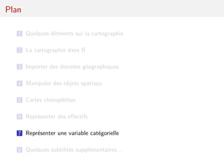 Plan

   1 Quelques éléments sur la cartographie


   2 La cartographie dans R

   3 Importer des données géographiques

   4 Manipuler des objets spatiaux

   5 Cartes choroplèthes

   6 Représenter des eﬀectifs

   7 Représenter une variable catégorielle

   8 Quelques subtilités supplémentaires...
 