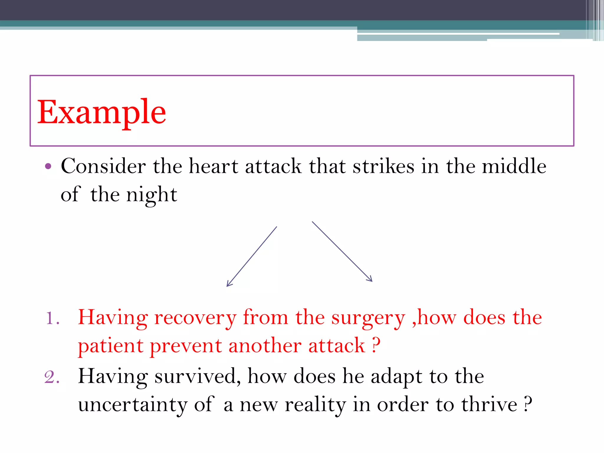Example
• Consider the heart attack that strikes in the middle
  of the night




1. Having recovery from the surgery ,how does the
   patient prevent another attack ?
2. Having survived, how does he adapt to the
   uncertainty of a new reality in order to thrive ?
 