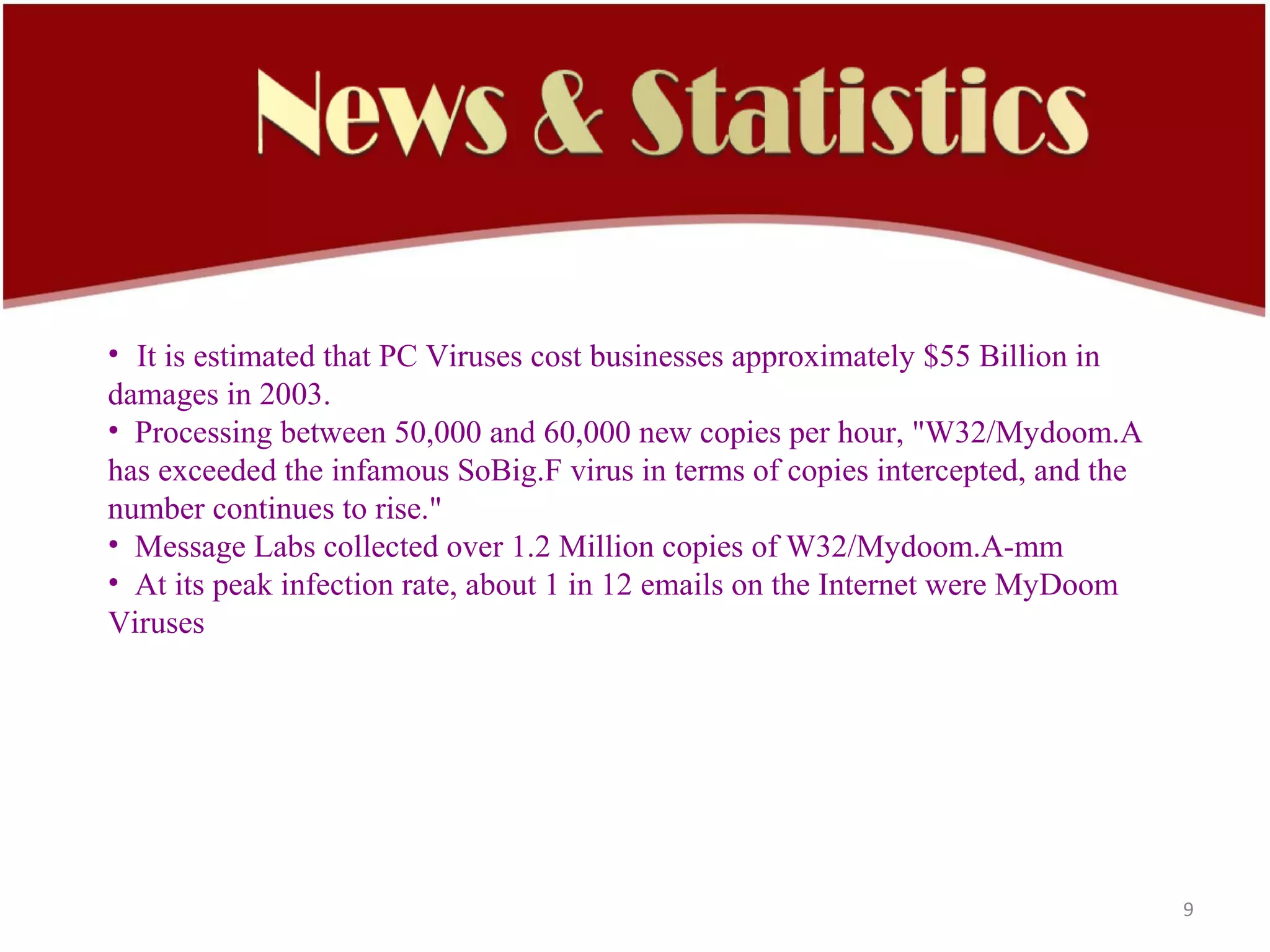 • It is estimated that PC Viruses cost businesses approximately $55 Billion in
damages in 2003.
• Processing between 50,000 and 60,000 new copies per hour, "W32/Mydoom.A
has exceeded the infamous SoBig.F virus in terms of copies intercepted, and the
number continues to rise."
• Message Labs collected over 1.2 Million copies of W32/Mydoom.A-mm
• At its peak infection rate, about 1 in 12 emails on the Internet were MyDoom
Viruses




                                                                                  9
 